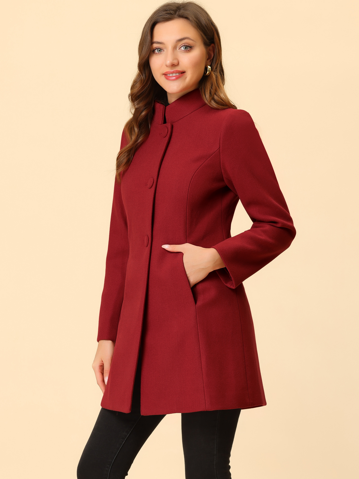Stand Collar Single Breasted Solid Color Pea Coat Red/L