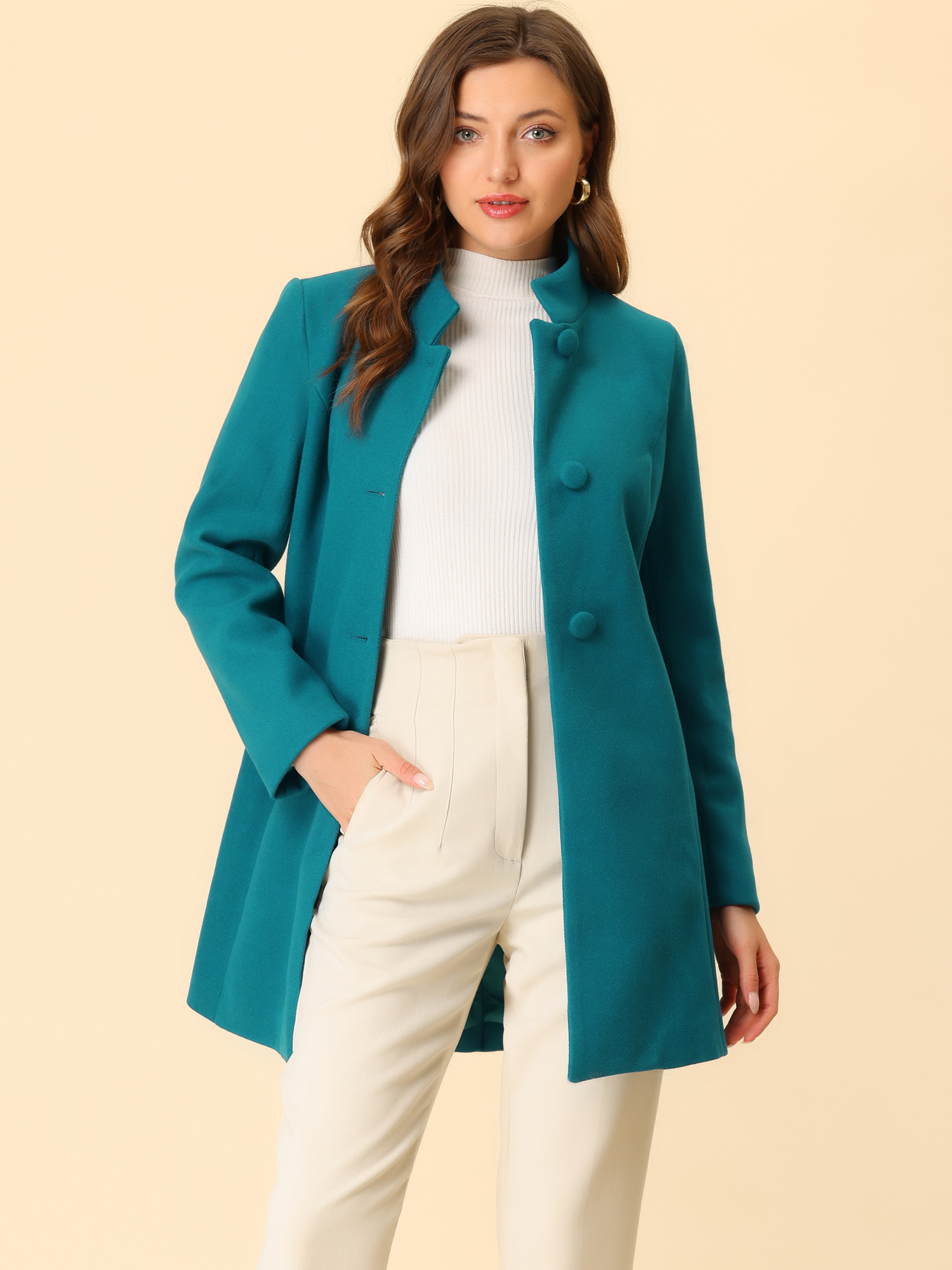 Stand Collar Single Breasted Solid Color Pea Coat Lake Blue/L