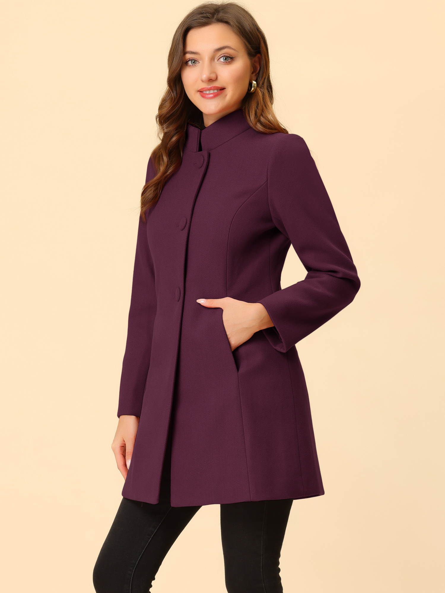 Stand Collar Single Breasted Solid Color Pea Coat Purplish Red/XS
