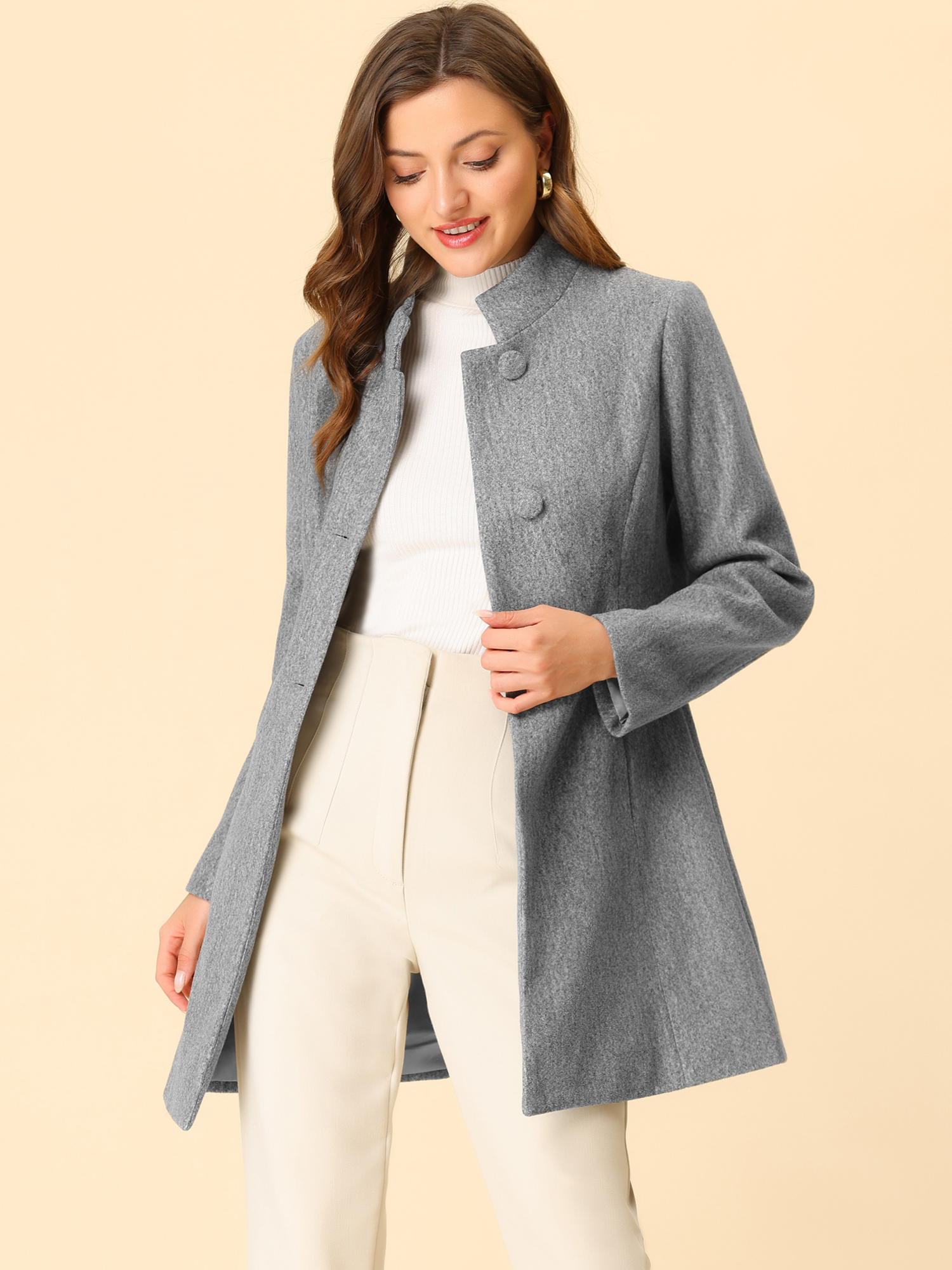 Stand Collar Single Breasted Solid Color Pea Coat Grey/XL