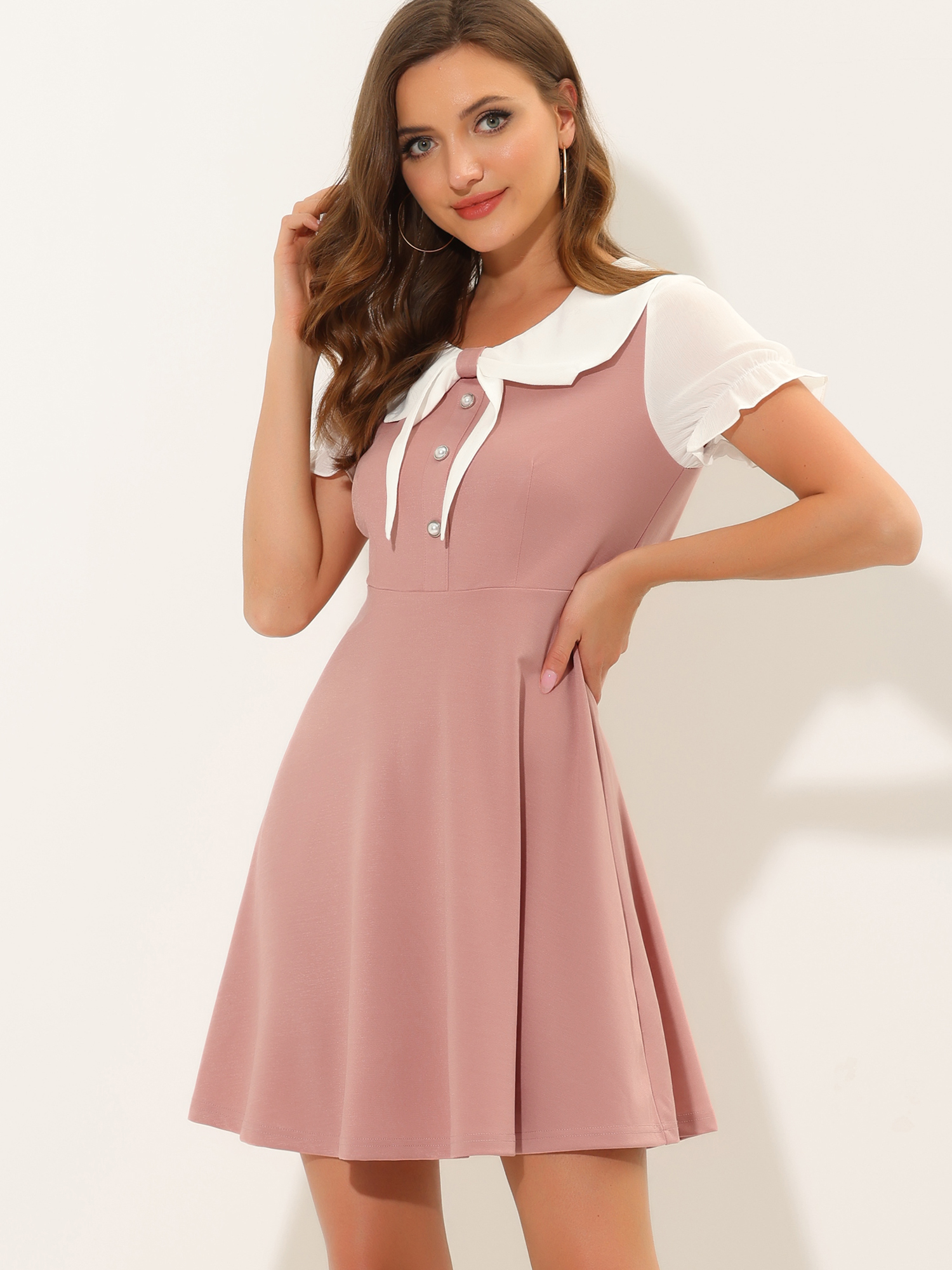 50s Lolita Contrast Color Peter Pan Collar Dress Pink/XL