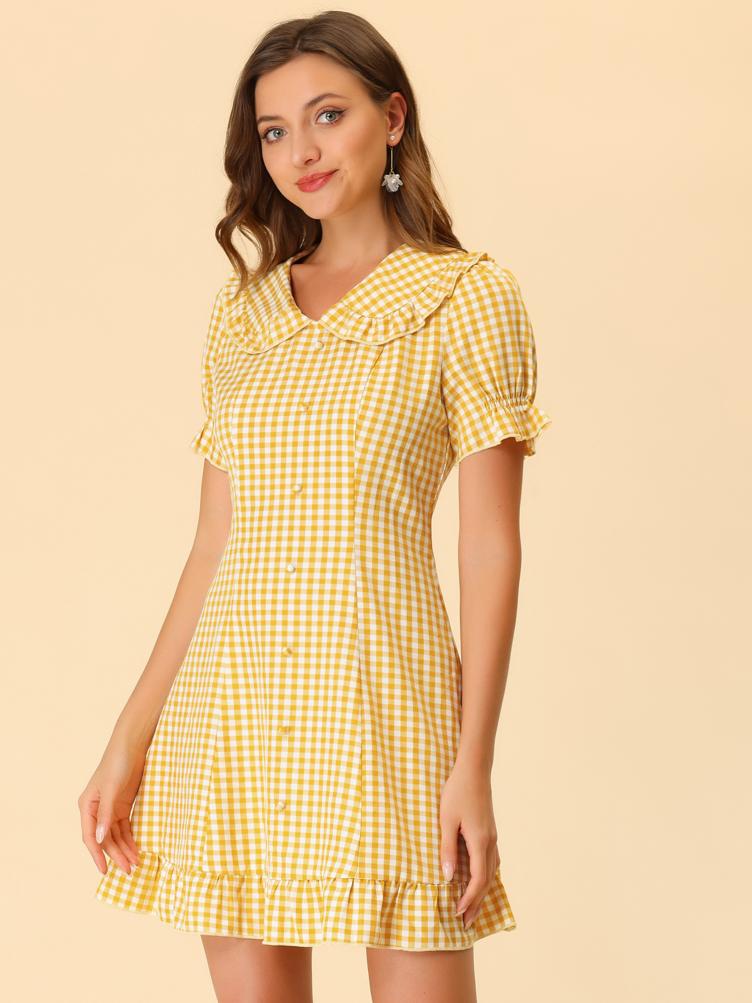 Gingham Checks Ruffled Peter Pan Collar 1960s Vintage Mini Dress Yellow/M