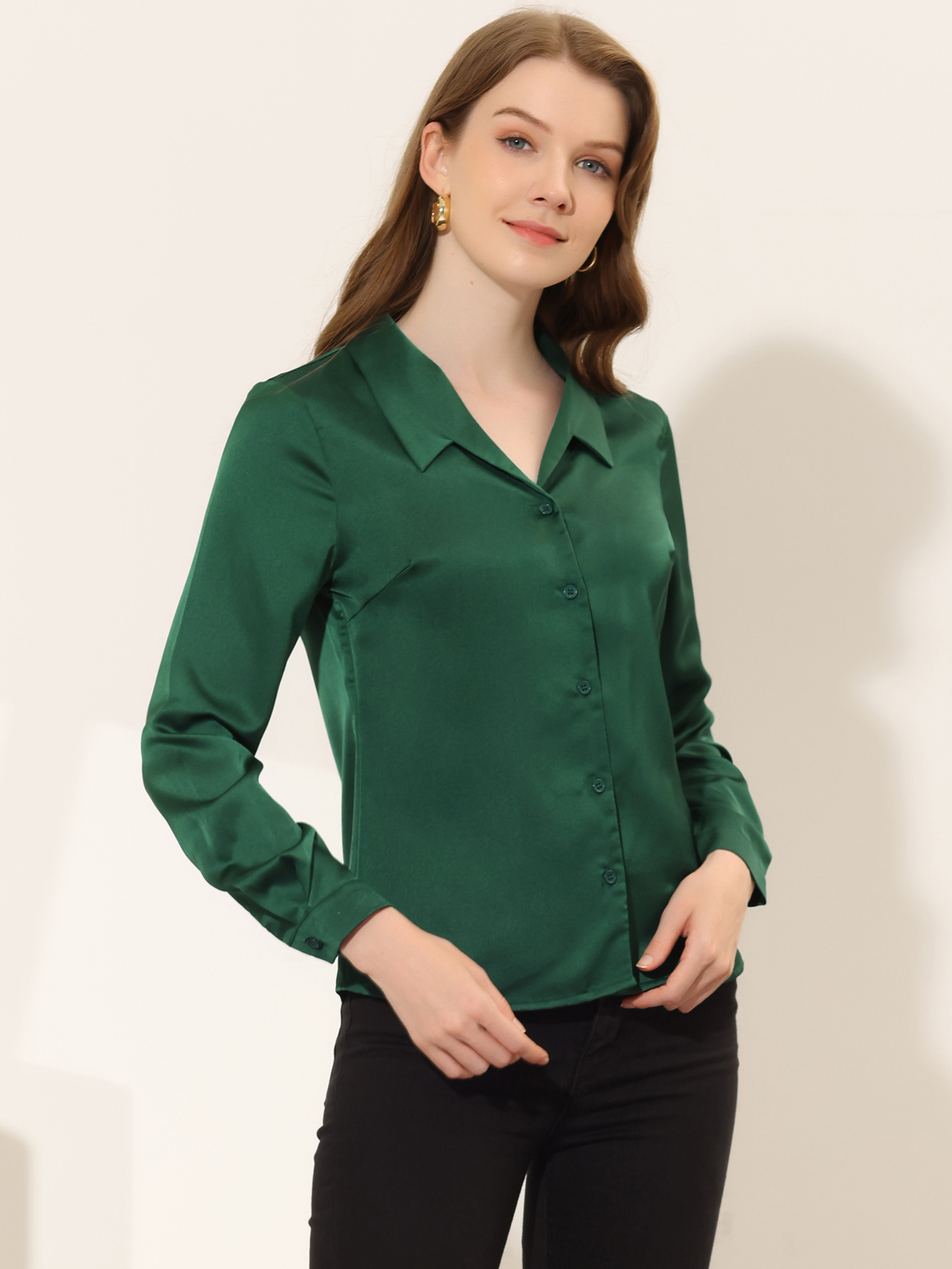 Satin Blouse Button Down Work Office Long Sleeve Top Dark Green/L