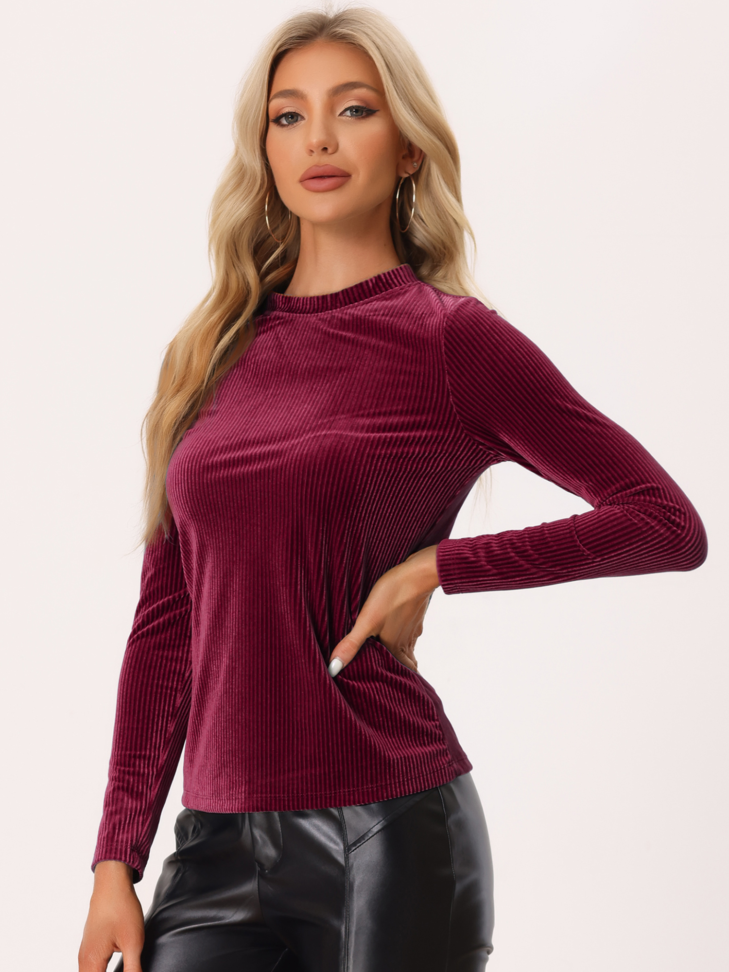 Casual Velvet Mock Neck Long Sleeve Rib Knit Velour Blouse Burgundy/M