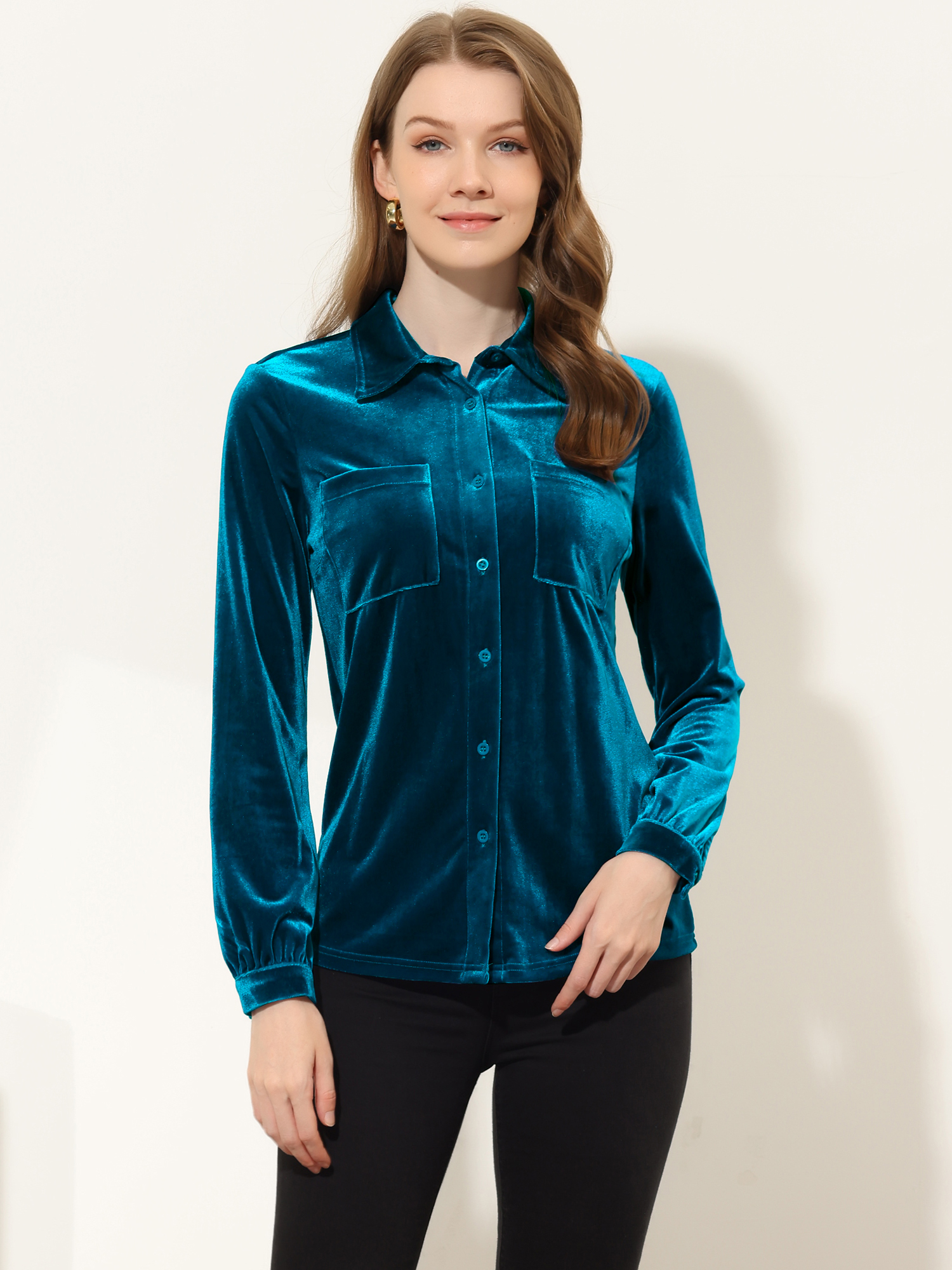 Pocket Front Velvet Blouse Long Sleeve Casual Button Down Shirt Royal Blue/M