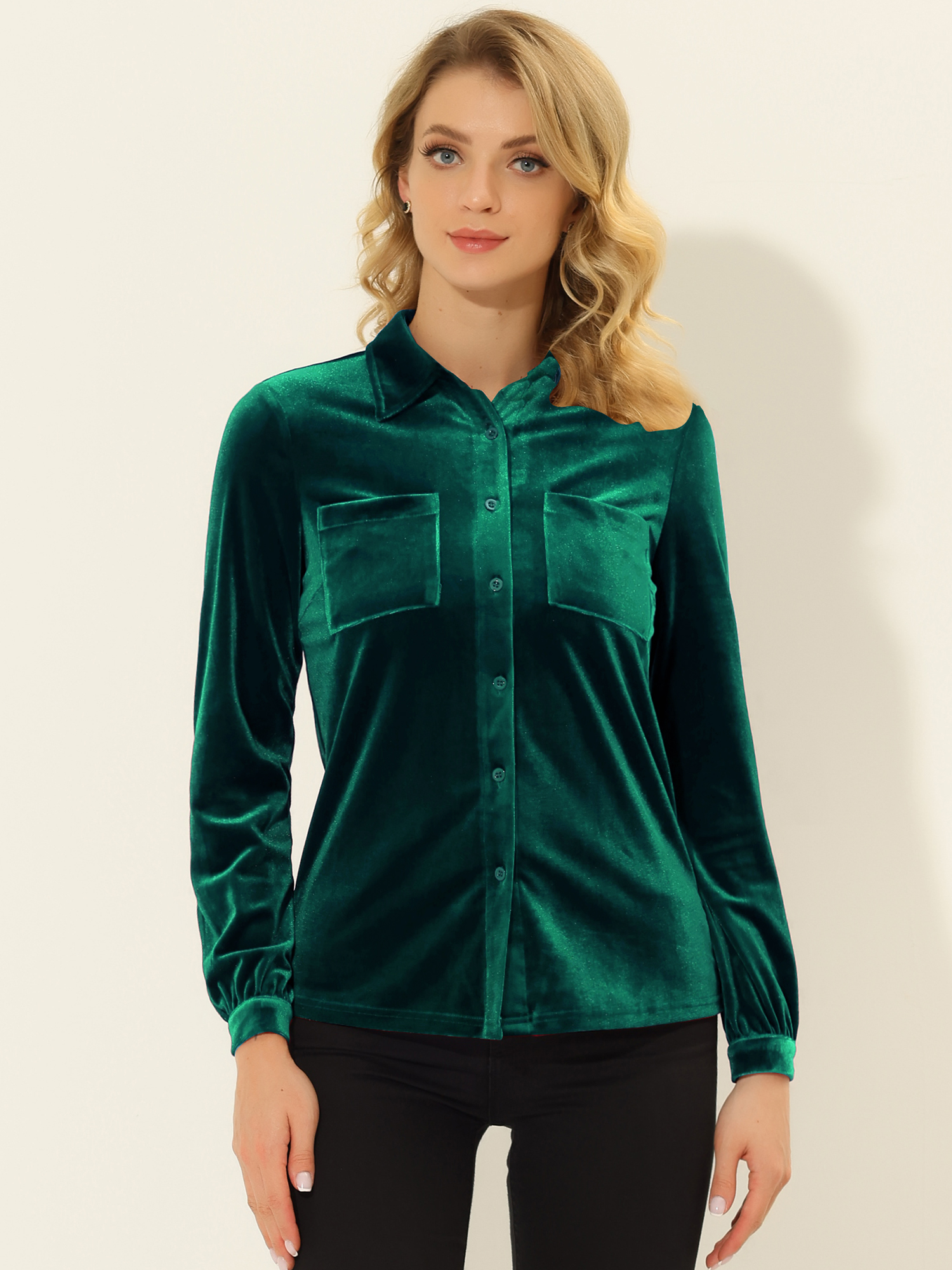 Pocket Front Velvet Blouse Long Sleeve Casual Button Down Shirt Dark Green/S