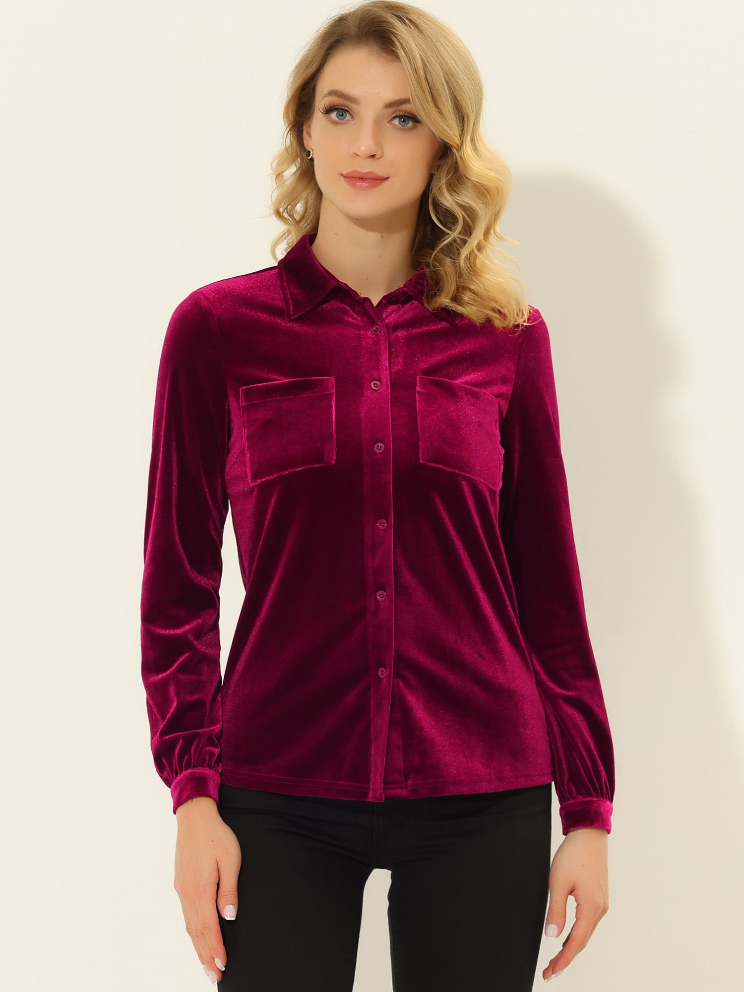 Pocket Front Velvet Blouse Long Sleeve Casual Button Down Shirt Wine Red/M