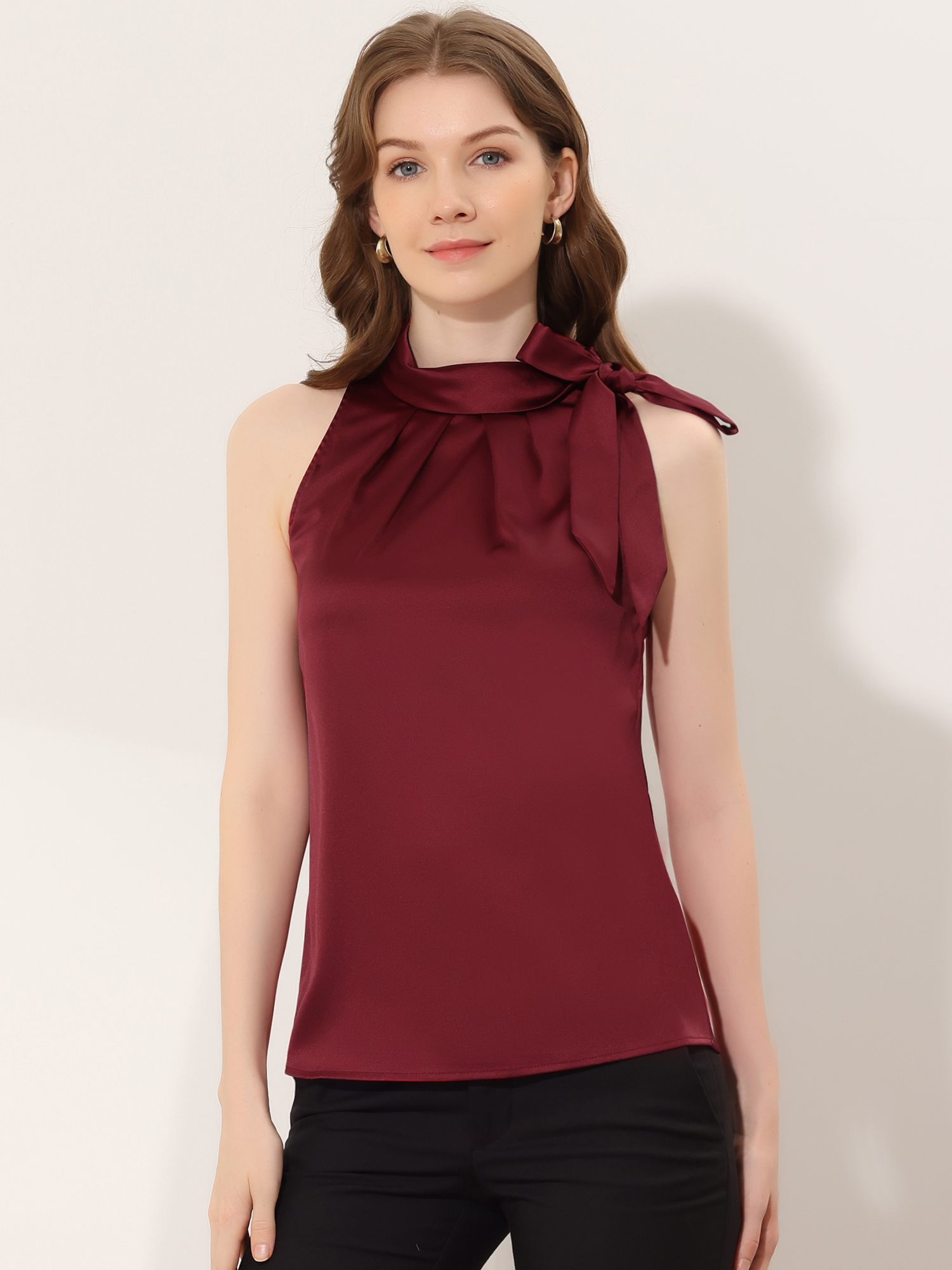Elegant Satin Sleeveless Tie Knot Mock Neck Solid Work Blouse Top Burgundy/XS