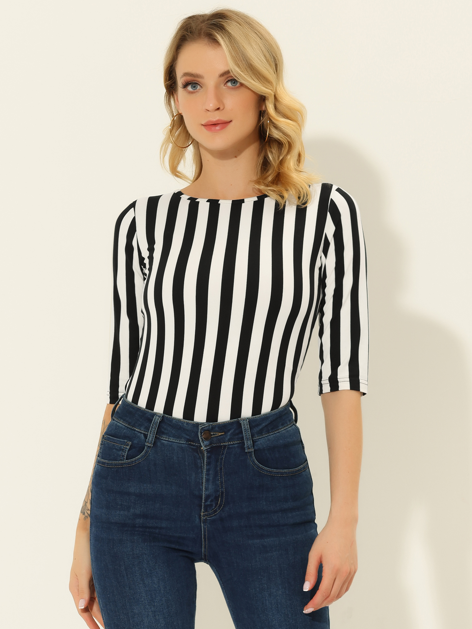 3/4 Sleeve Round Neck Casual Striped T-Shirt Black-Vertical Stripe/XL