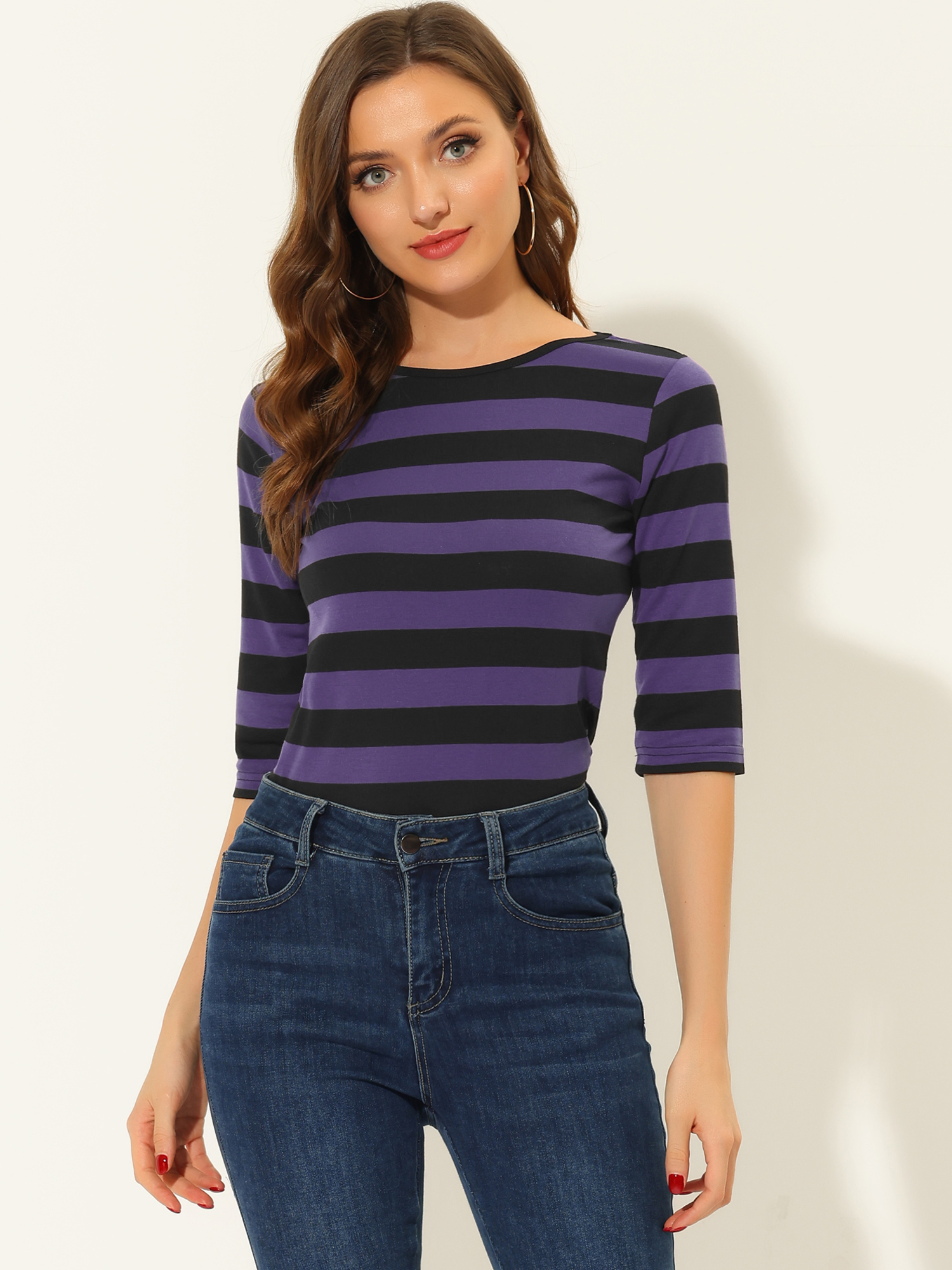 3/4 Sleeve Round Neck Casual Striped T-Shirt Black Purple/M