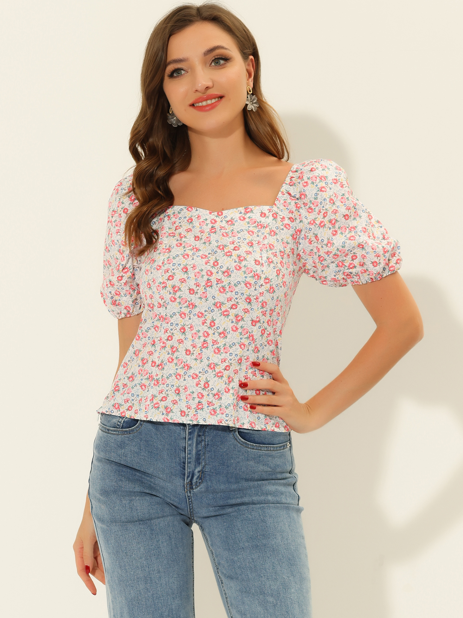 Puff Sleeve Square Neck Peasant Floral Blouse Top White Red/S