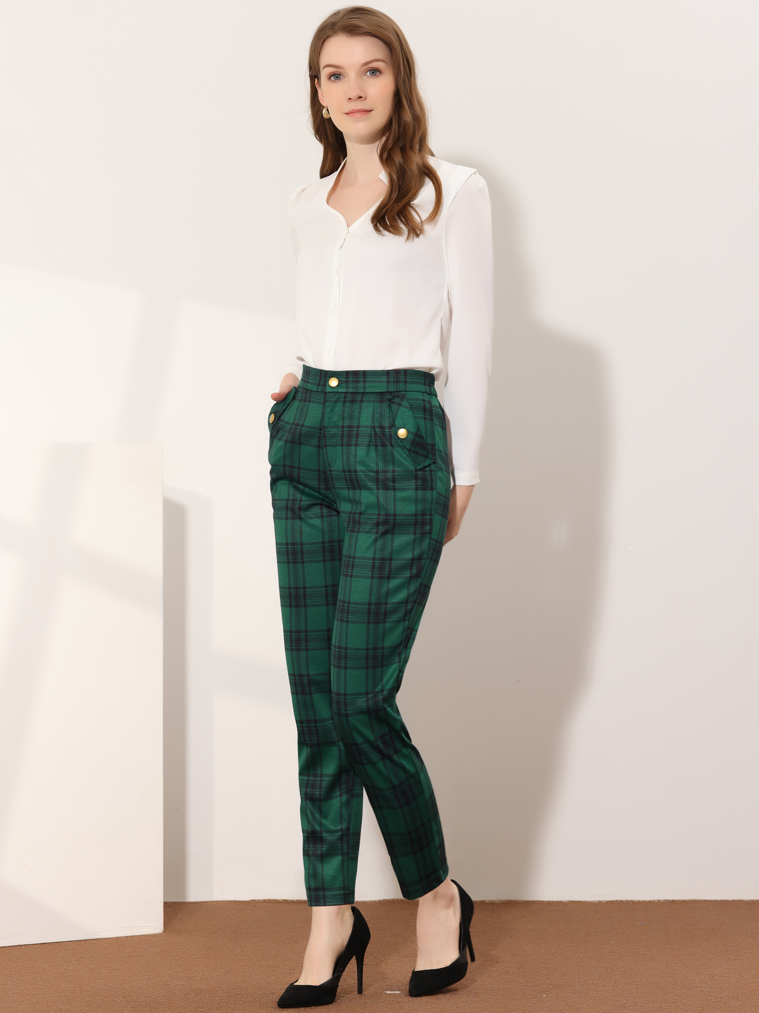 Tartan Plaid Pants Elastic Waist Straight Long Trousers Green/M