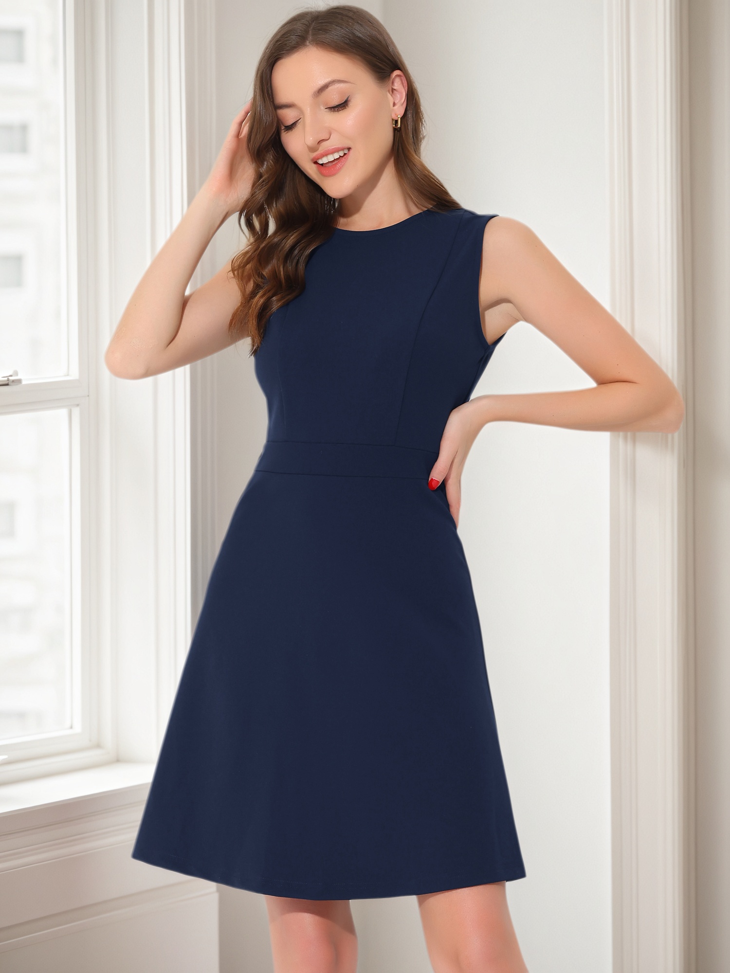 Round Neck Solid Color Sleeveless A-Line Work Midi Dress Dark Blue/XS