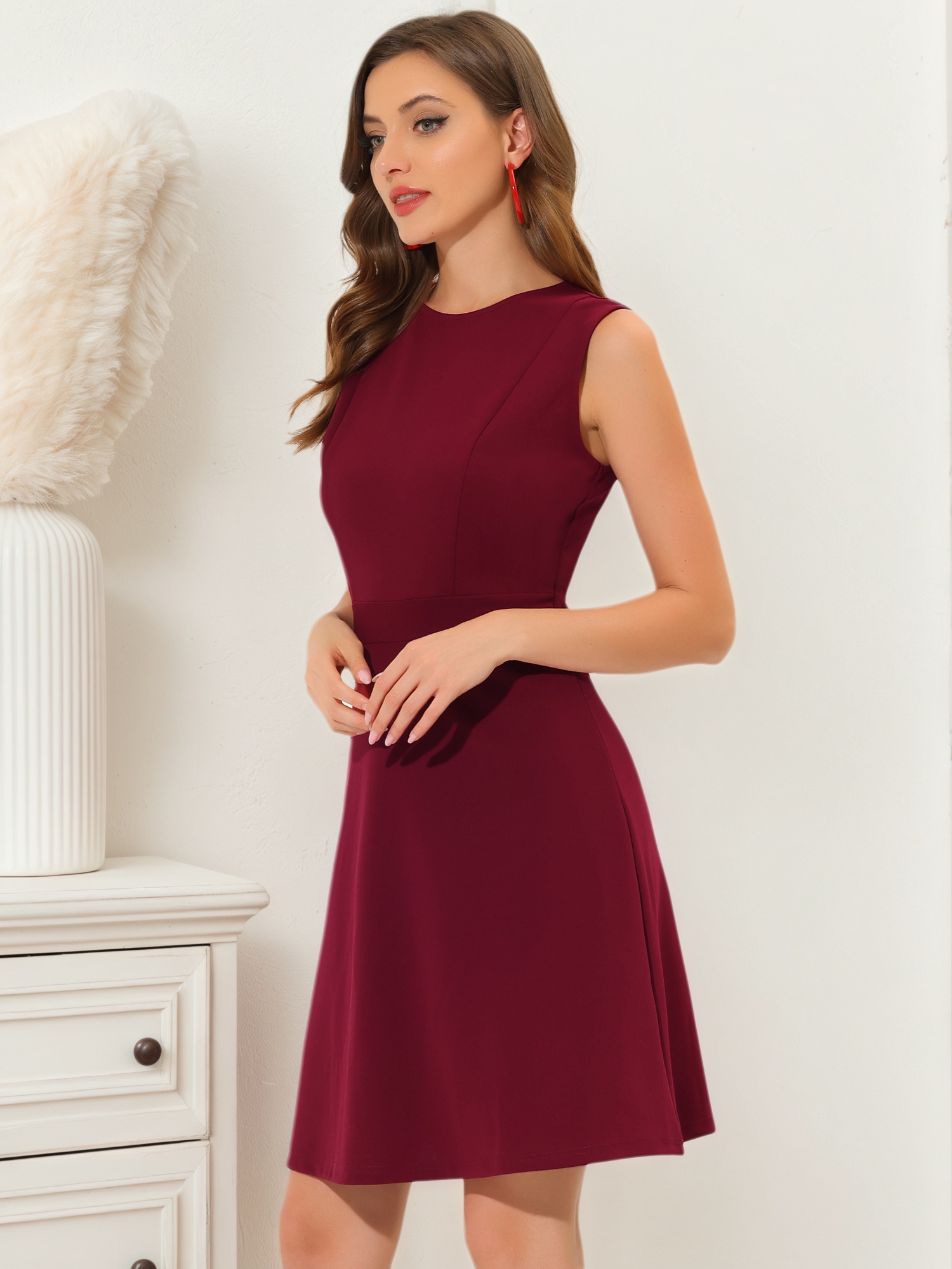 Round Neck Solid Color Sleeveless A-Line Work Midi Dress Burgundy/L