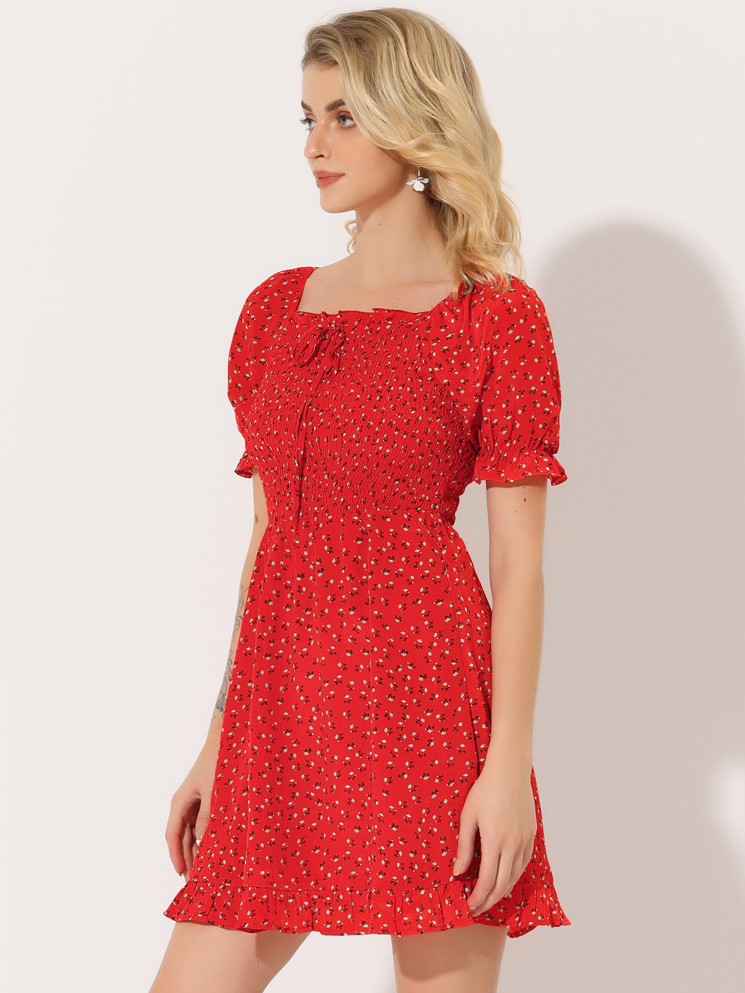 Puff Sleeve Square Neck Ruffled Hem Floral Smocked Dress Red/XS