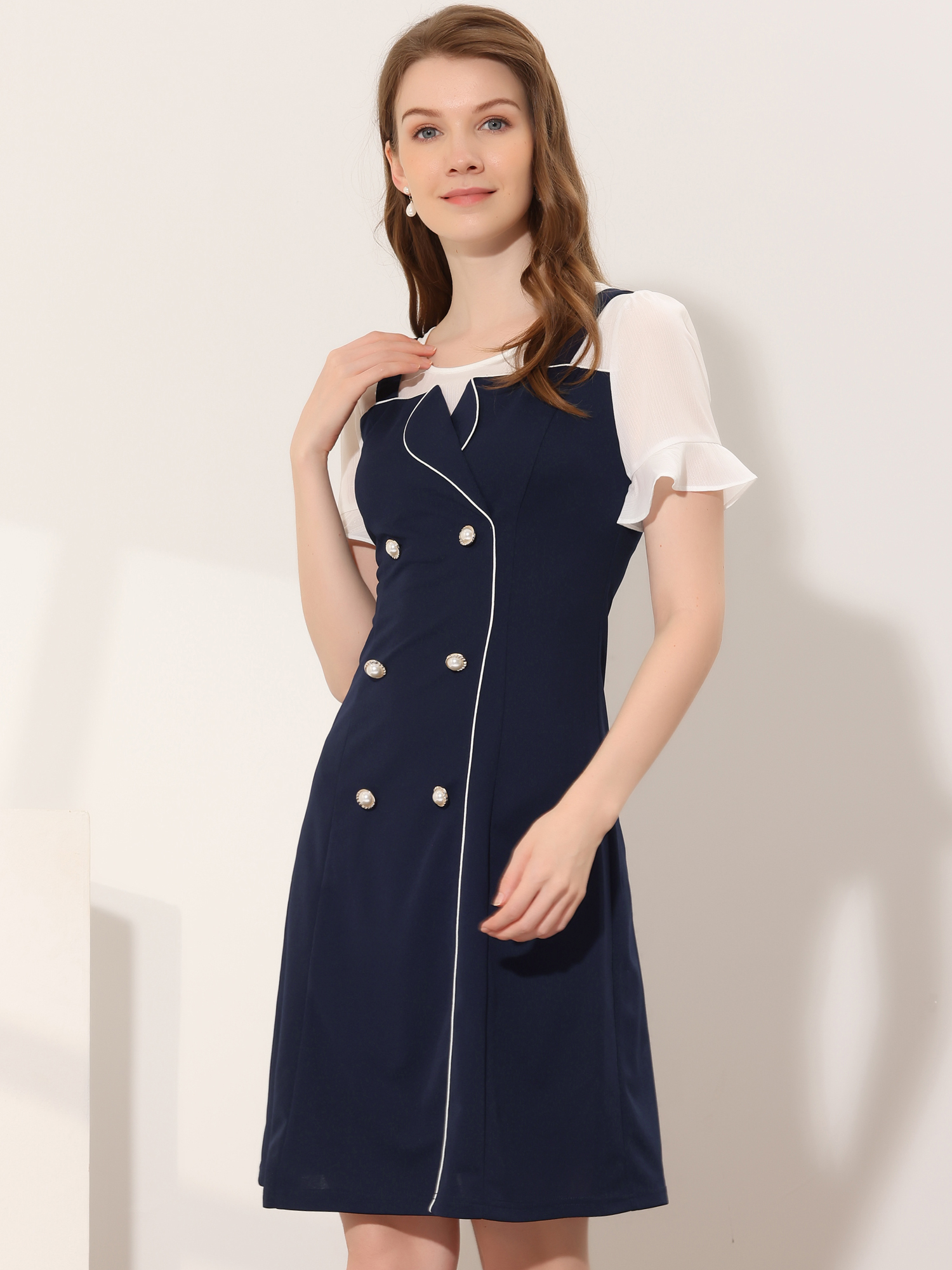 Contrast Button Decor Short Sleeve Chiffon Summer Dress Dark Blue/XL