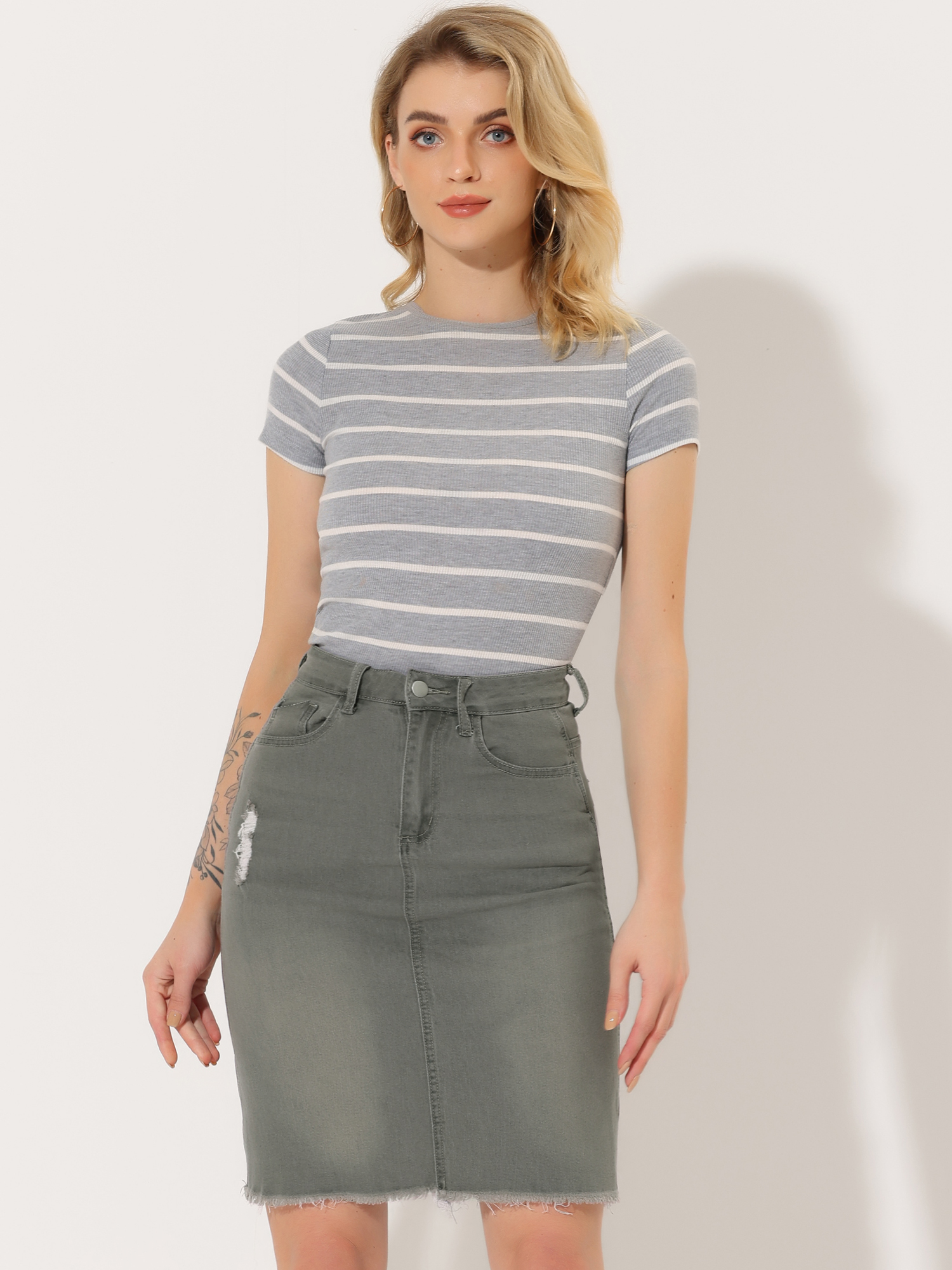 Basic Distressed High Waist Ripped Hem Washed Jeans Denim Skirt Grey/XS