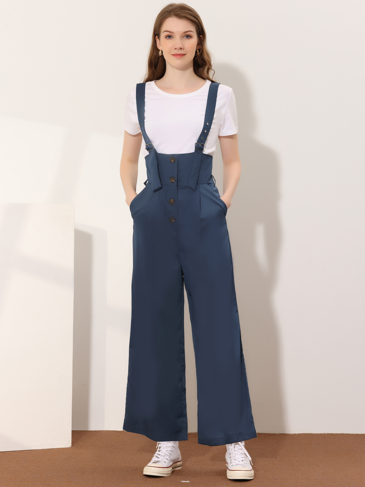 High Waist Wide Leg Belted Jumpsuit Button Long Overalls Navy Blue/S