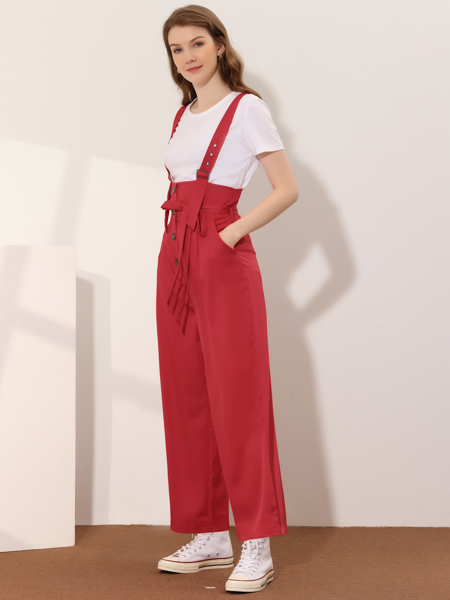 High Waist Wide Leg Belted Jumpsuit Button Long Overalls Red/M