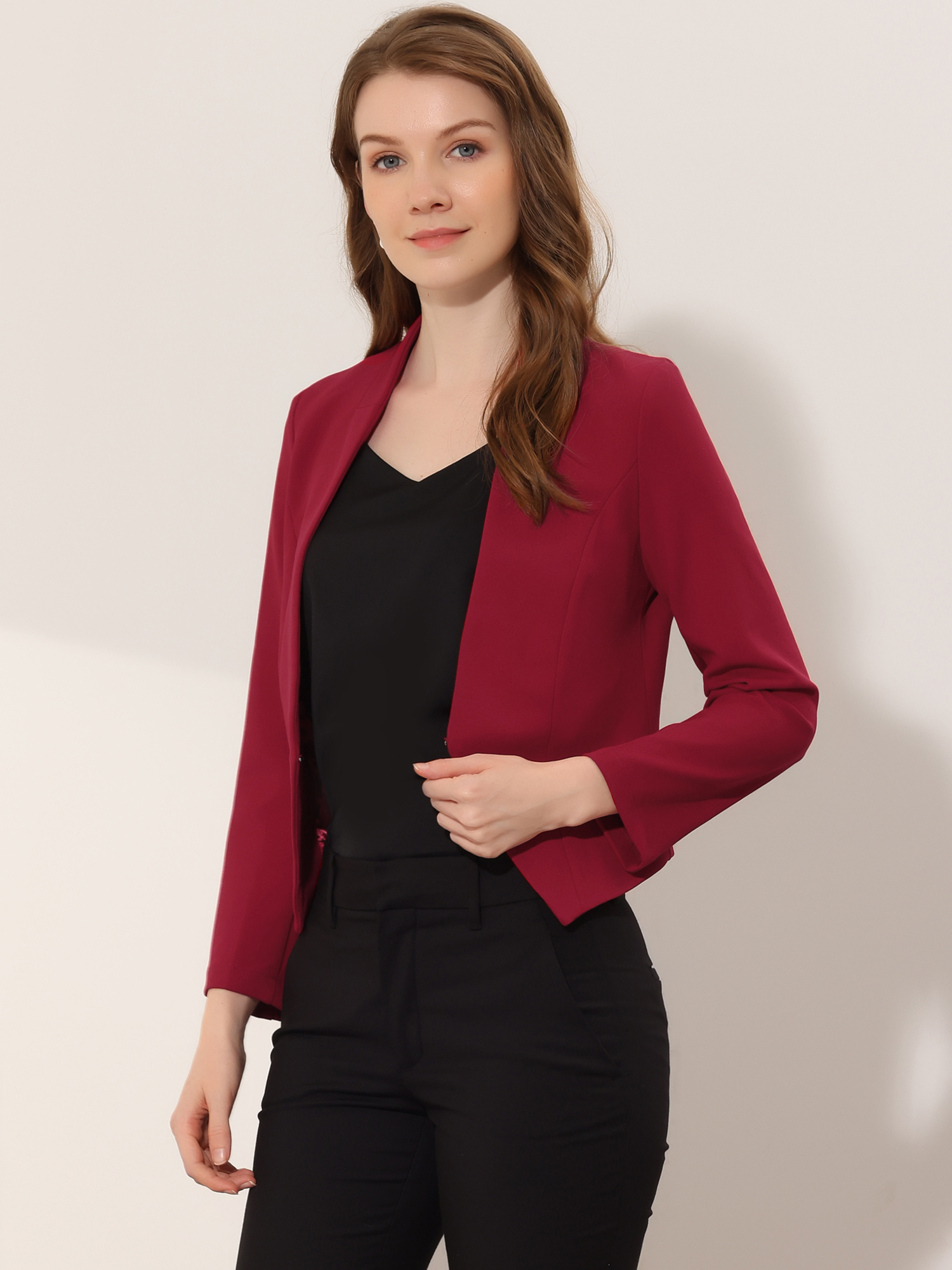 Solid Color Collarless Cropped Office Blazer Jacket Deep Red/S