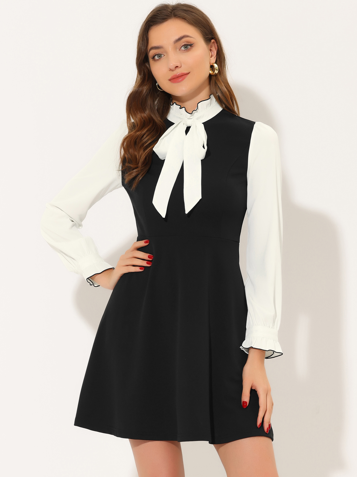 Patchwork Contrast Color Long Sleeve Tie Neck Mini Dress Black/M