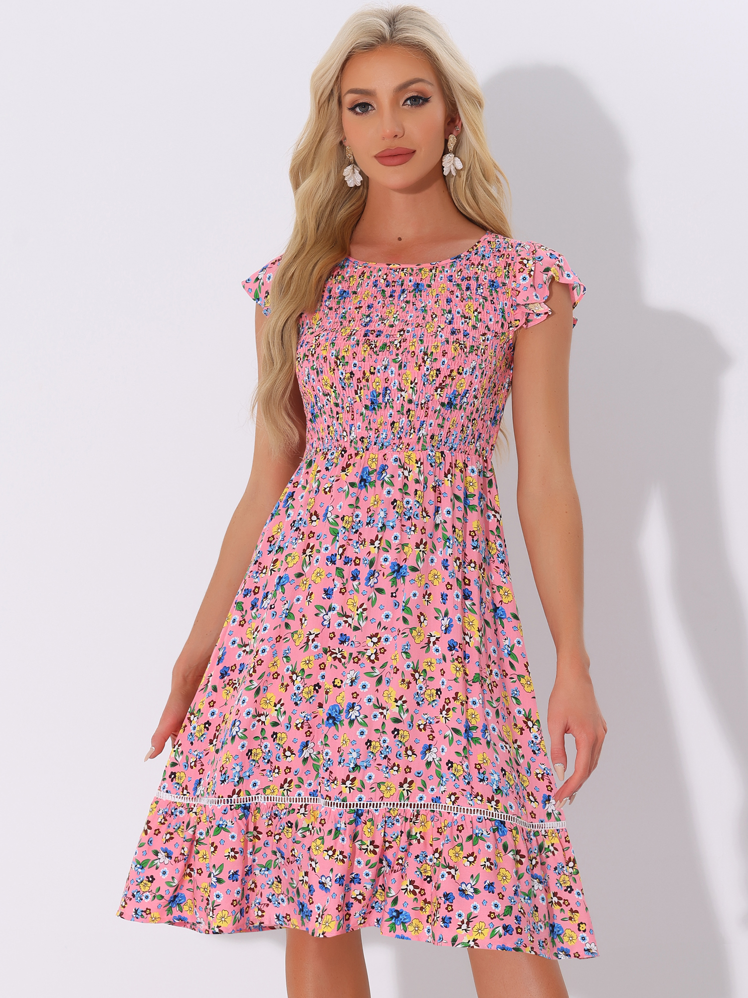 Midi Smocked Cap Short Sleeve Floral Fit and Flare Dress Pink/S