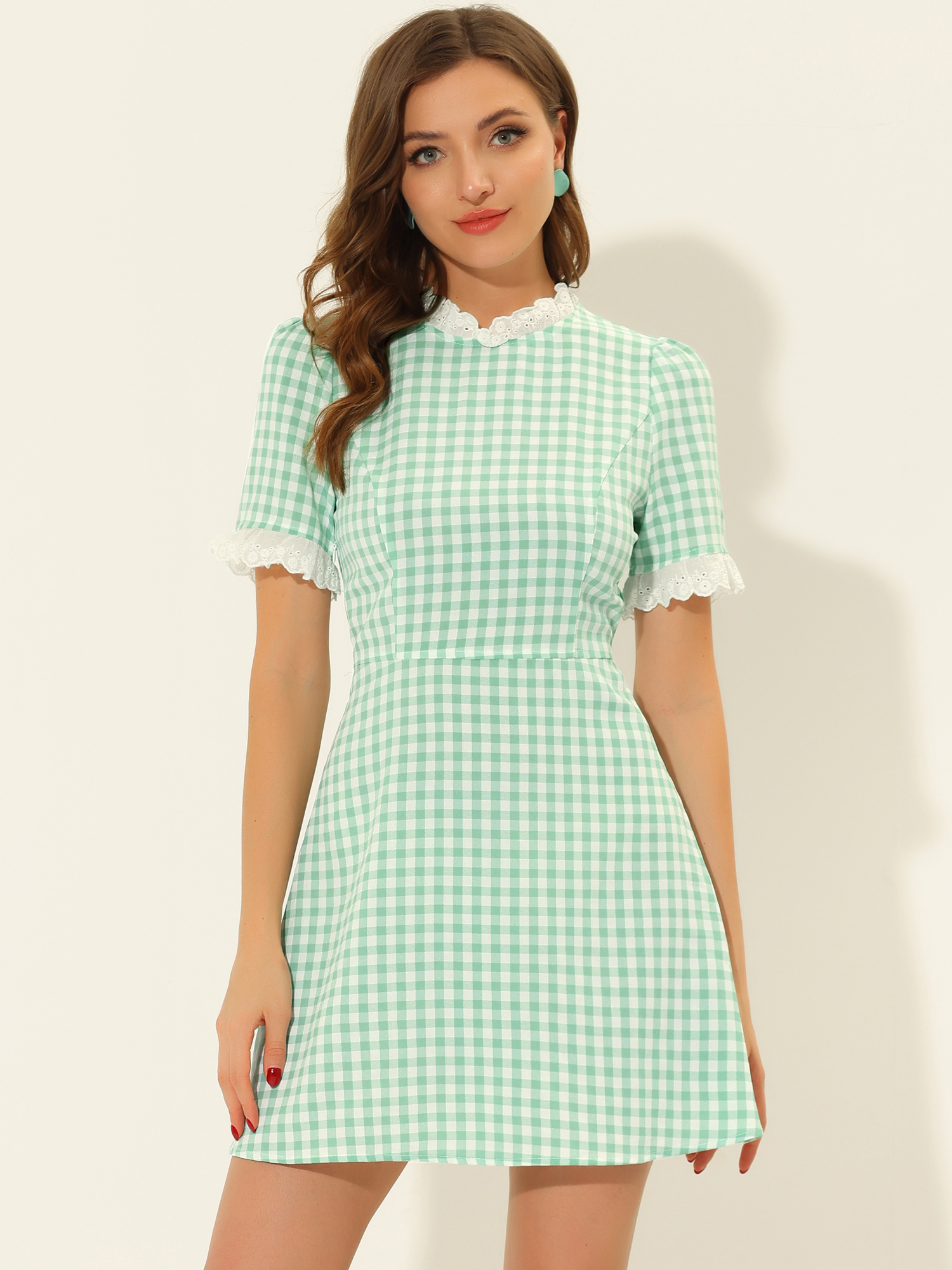 Summer Ruffle Neck Lace Panel Short Sleeve Check Gingham Dress Green/XL