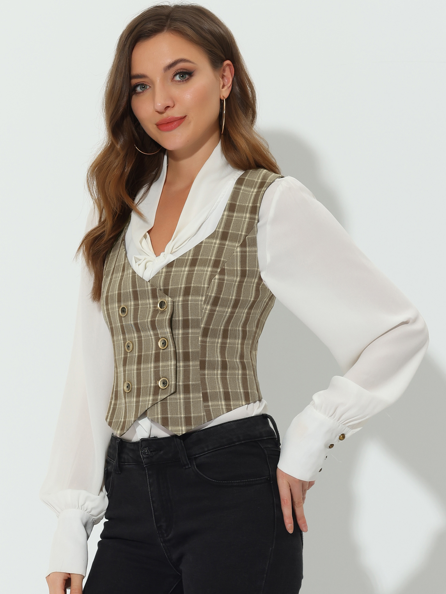 Plaid Waistcoat Racerback Vintage Steampunk Suit Vest Brown/L