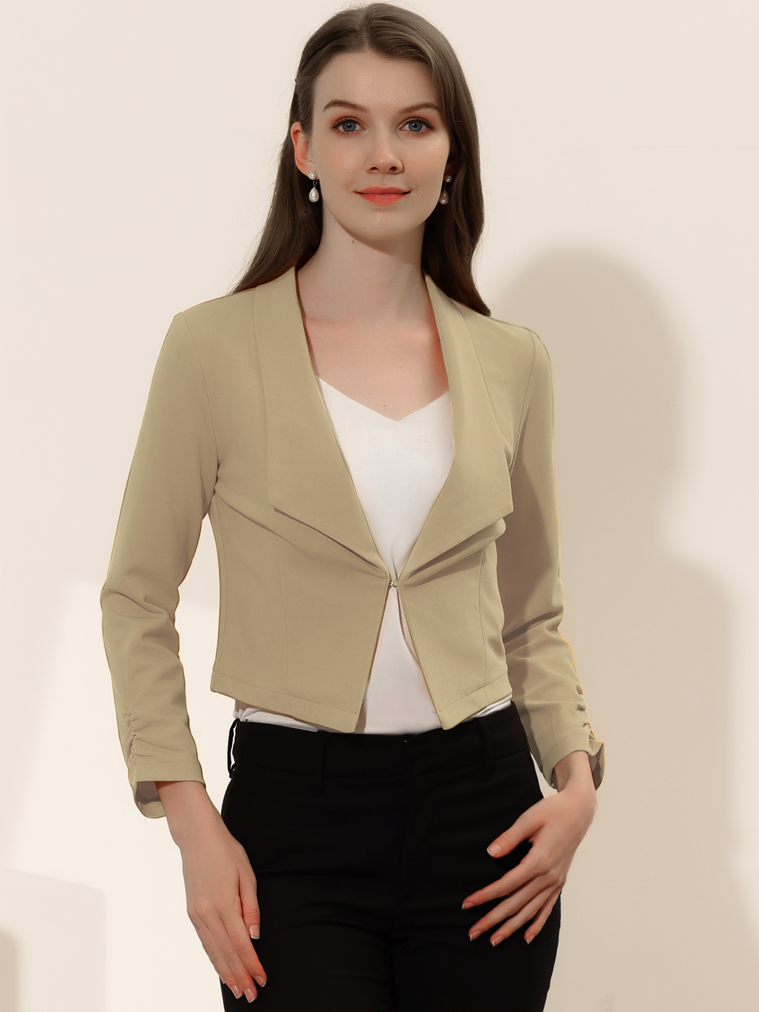 Notched Lapel Ruched Sleeve Business Cropped Jacket Blazer Khaki/XL