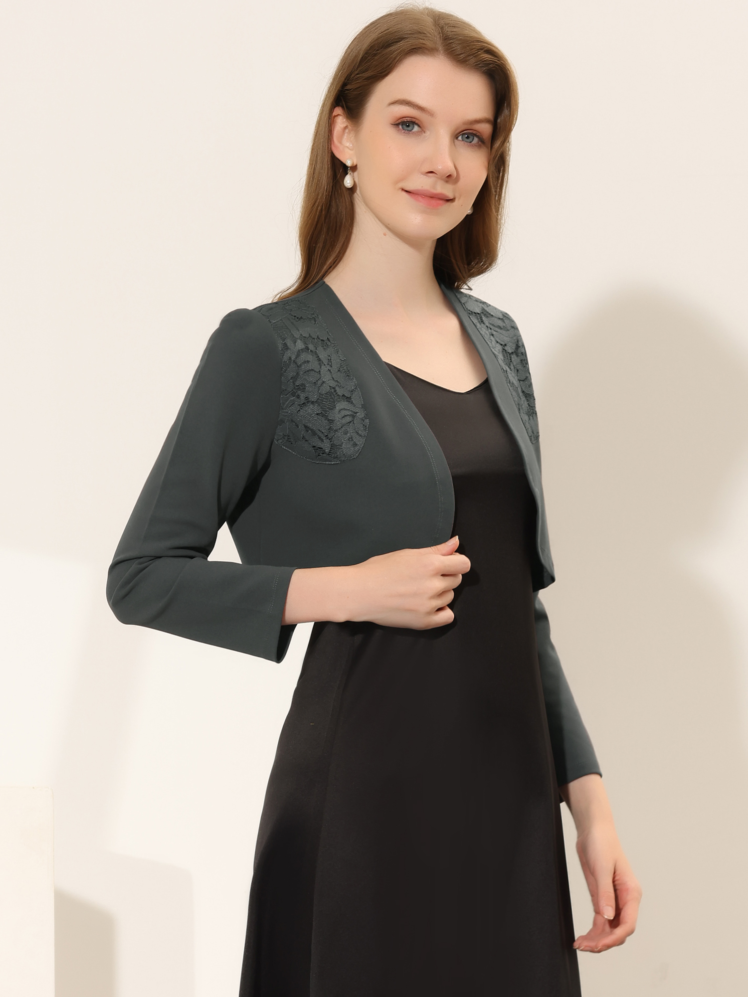 Lace Insert Office Open Front Crop Cardigan Bolero Shrugs Dark Grey/XS