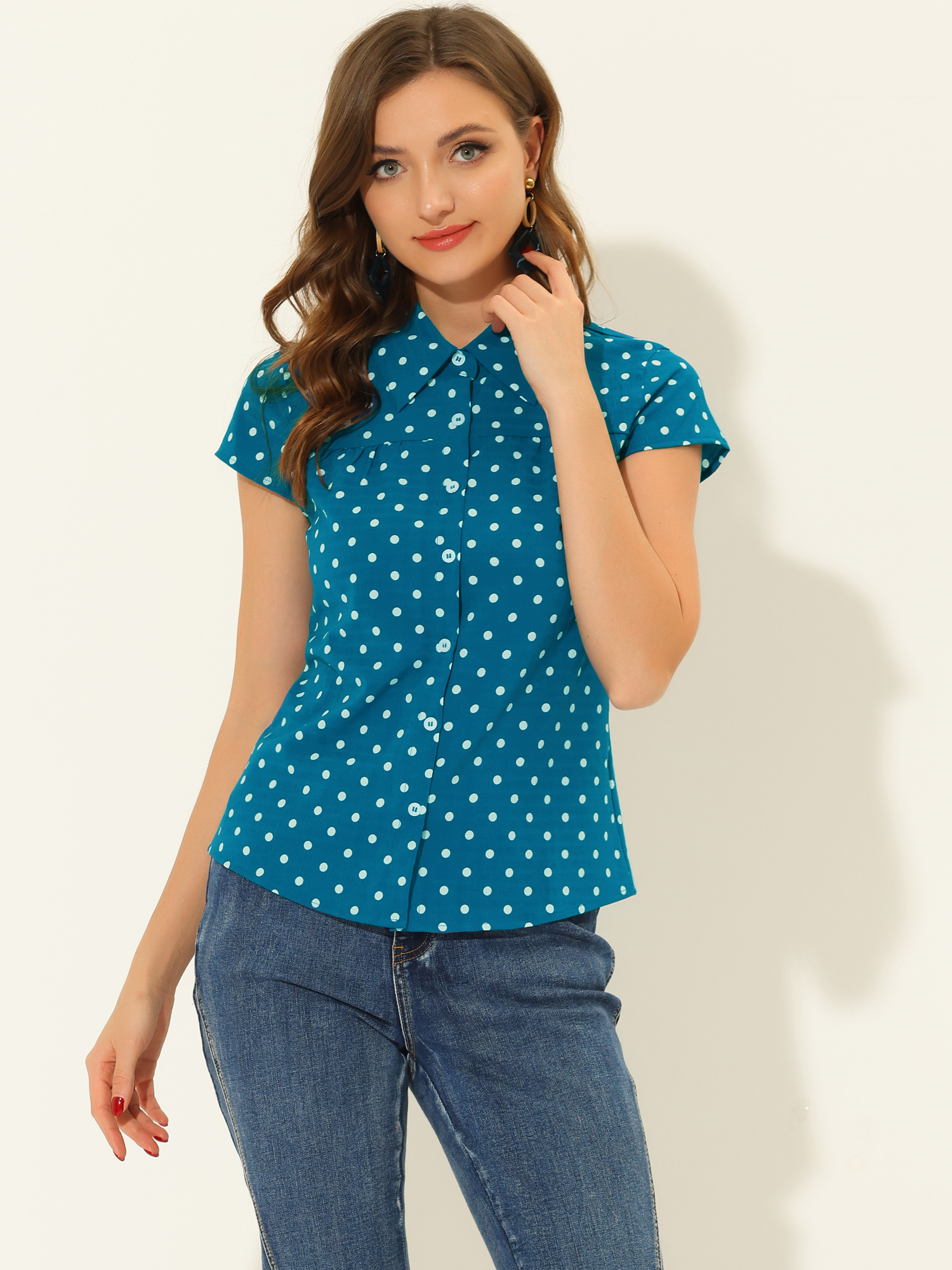 Short Sleeve Tops Vintage Polka Dots Button Up Shirt Lake Blue/L
