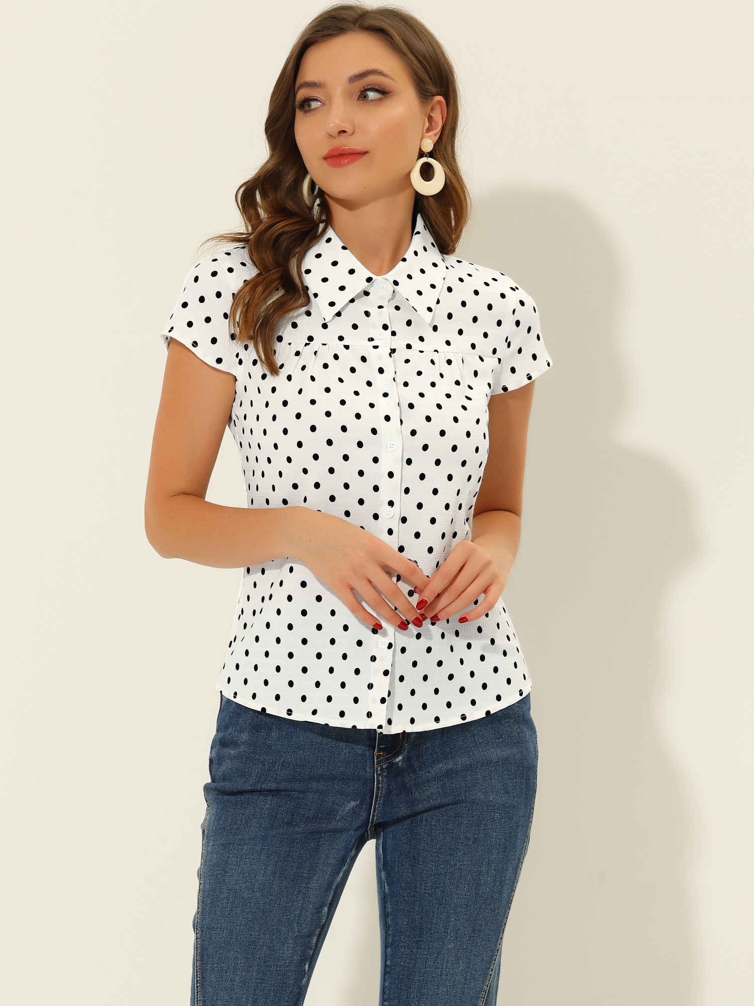 Short Sleeve Tops Vintage Polka Dots Button Up Shirt White/L