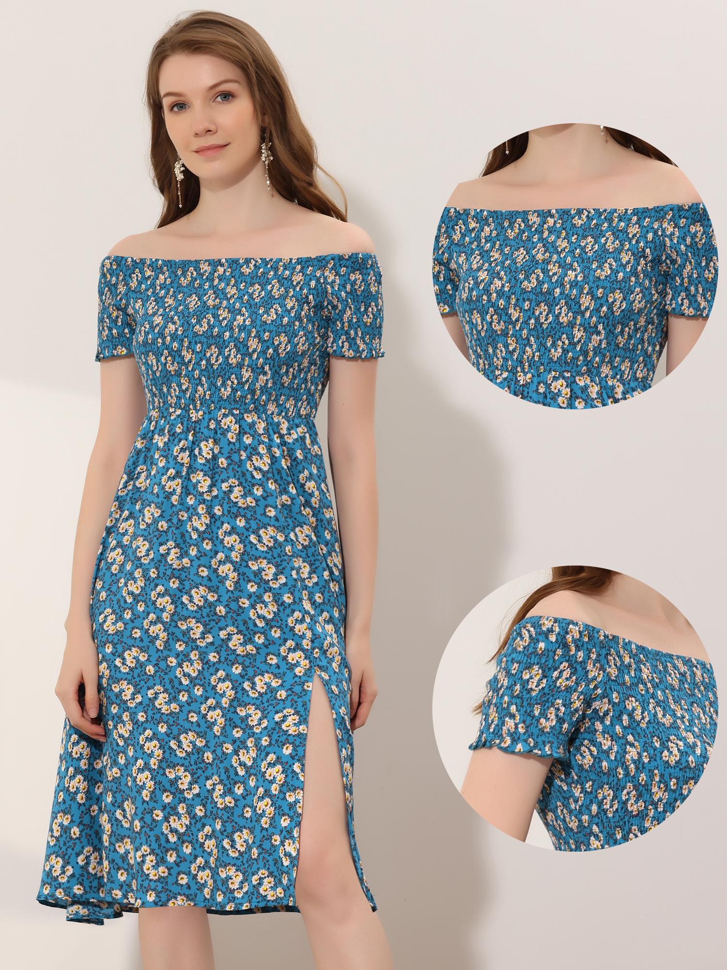 Off Shoulder Smocked Summer Short Sleeve Split Midi Floral Dress Lake Blue/XS