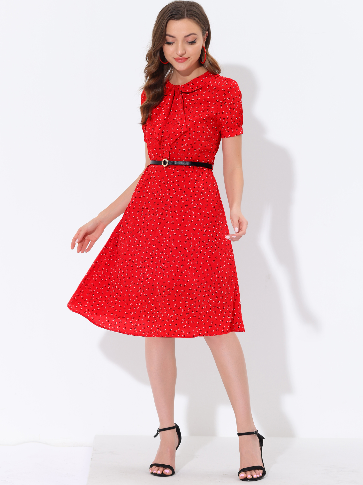Allegra – Peter Pan Collar Tie Neck Short Sleeve A-Line Belted Floral Dress Red/M