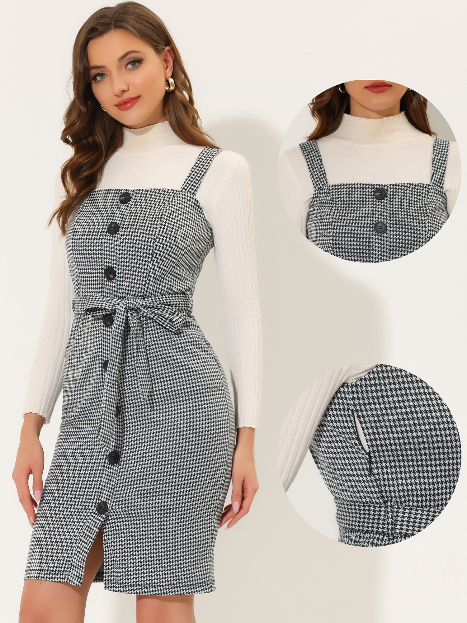 Plaid Overall Bow Tie Waist Vintage Sheath Jumper Dress Black White/M