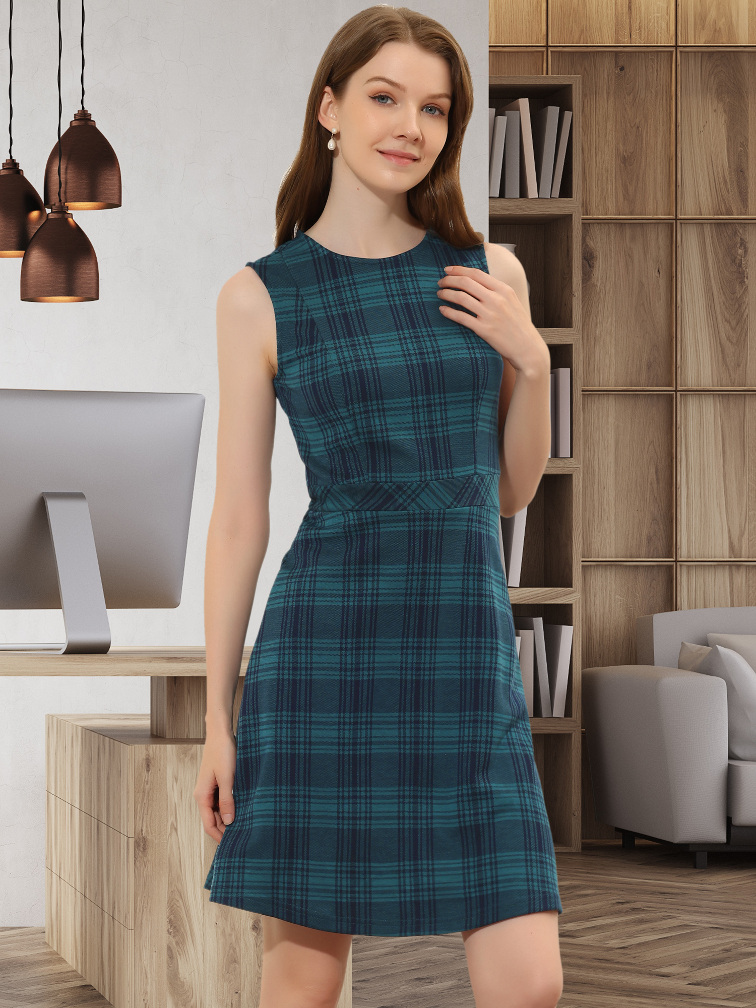 Plaid Sleeveless Fit and Flare Houndstooth Work Dress Blue/S