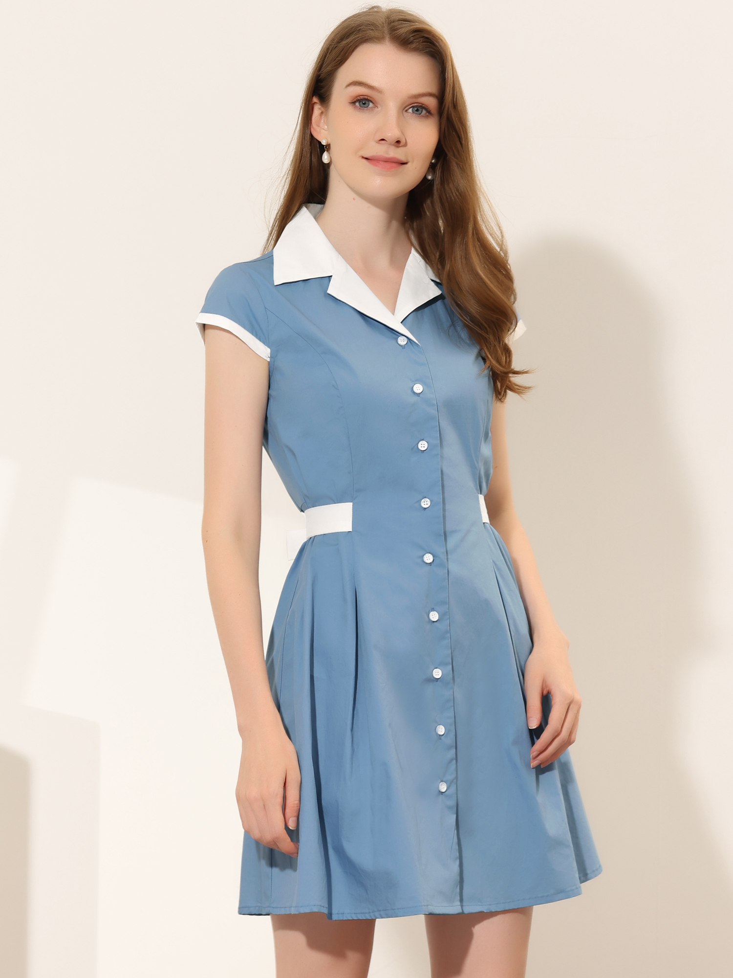 Retro Button Down Flat Collar Belted Office Mini Shirt Dress Grey Blue/XS
