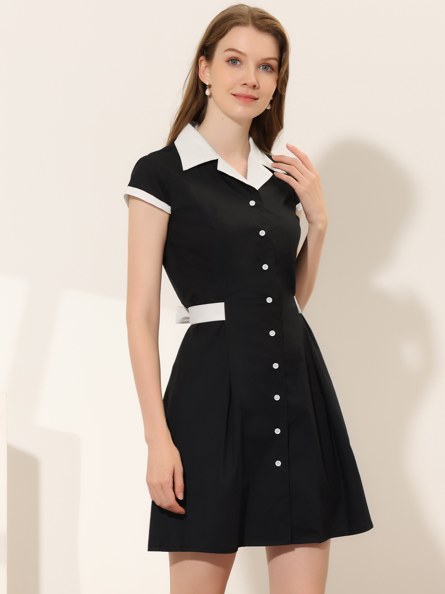 Retro Button Down Flat Collar Belted Office Mini Shirt Dress Black/XS