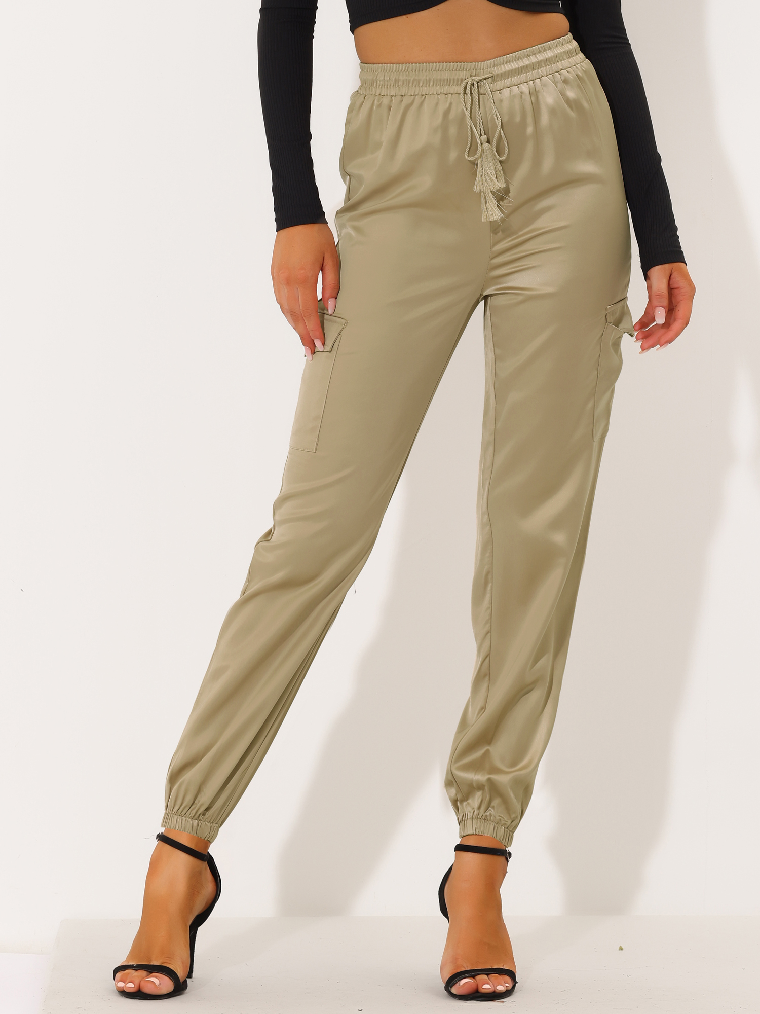 Women's Satin Joggers Drawstring Elastic High Waist Silky Satin Cargo Pants Khaki/XS
