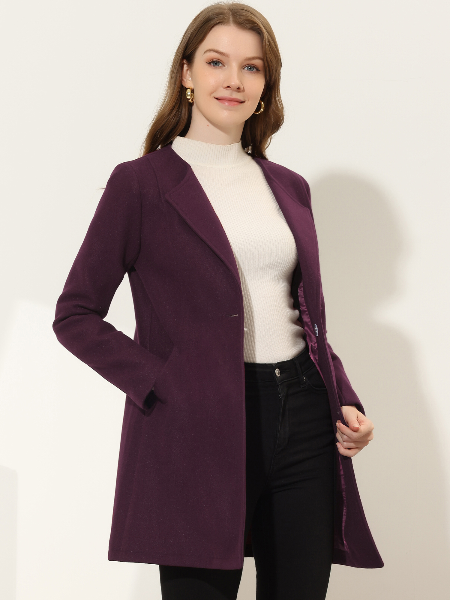 Mid-thigh Collarless Overcoat Single Breasted Outwear Winter Coat Purplish Red/XS