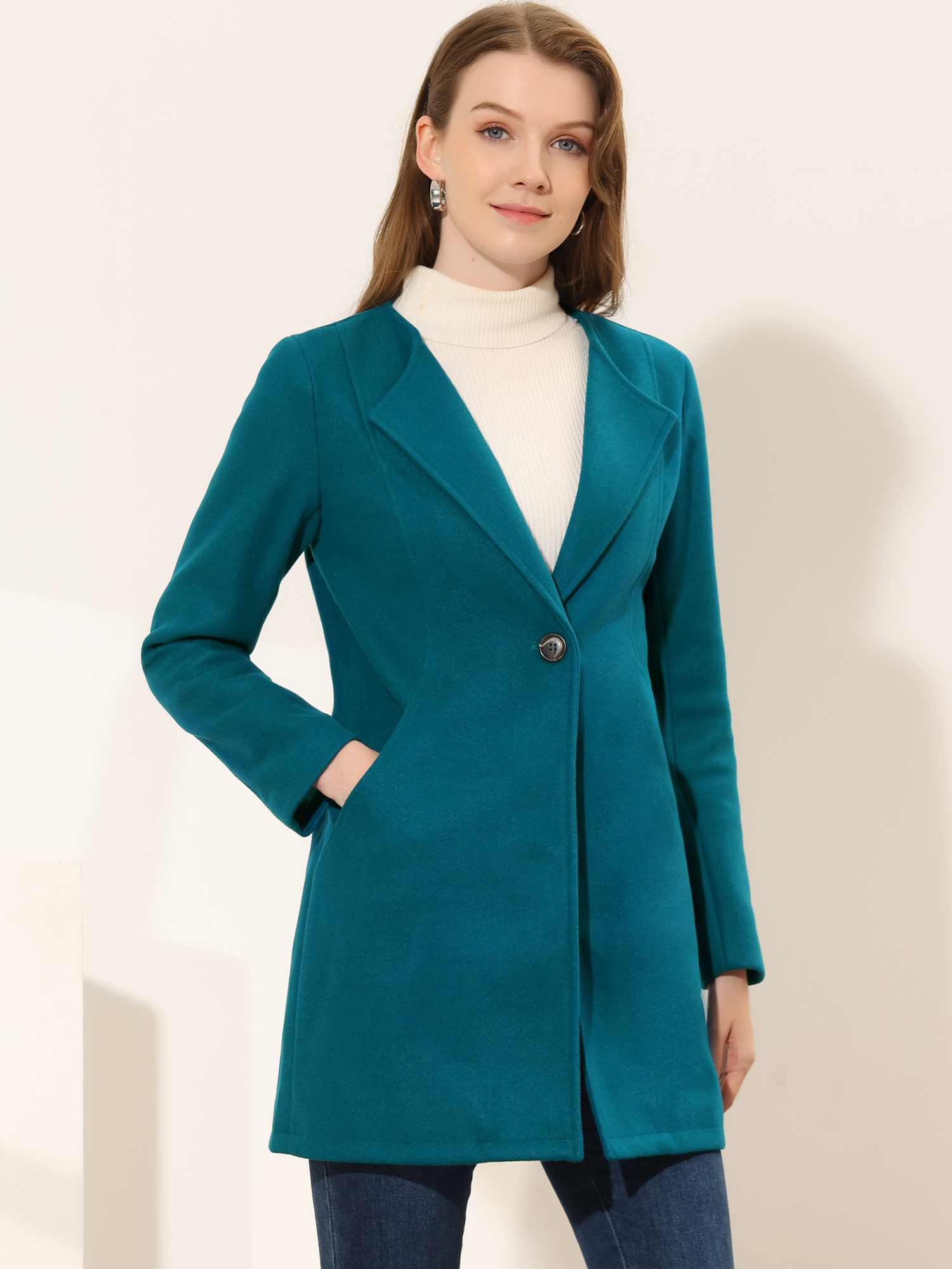Mid-thigh Collarless Overcoat Single Breasted Outwear Winter Coat Lake Blue/S