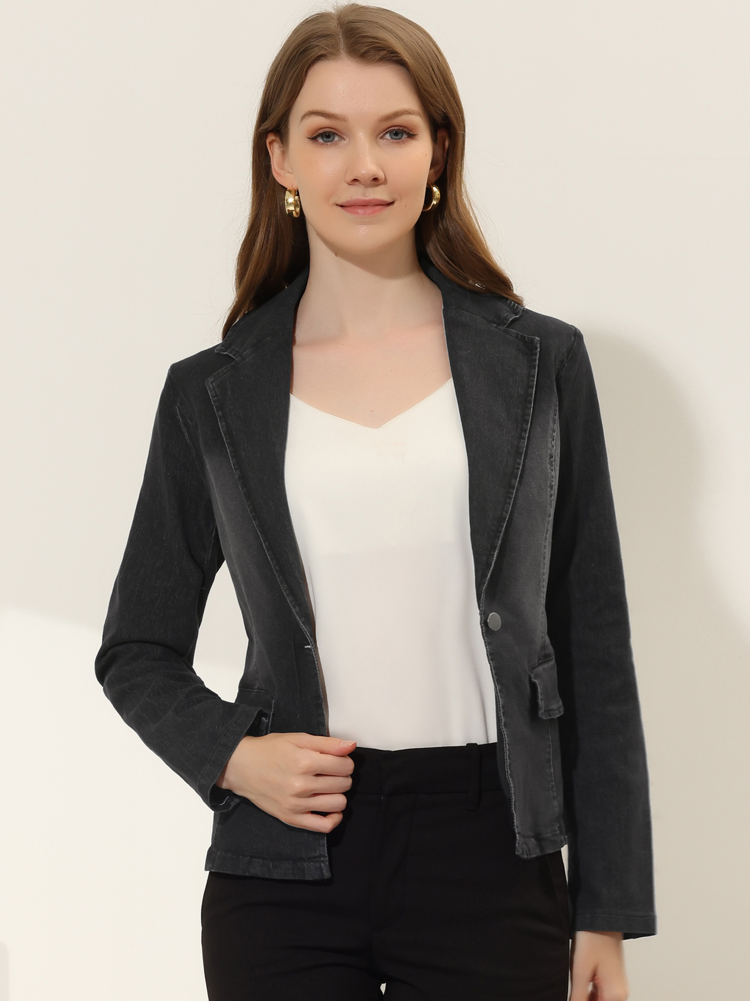 Notched Lapel One Button Long Sleeve Business Washed Denim Blazer Black/XL