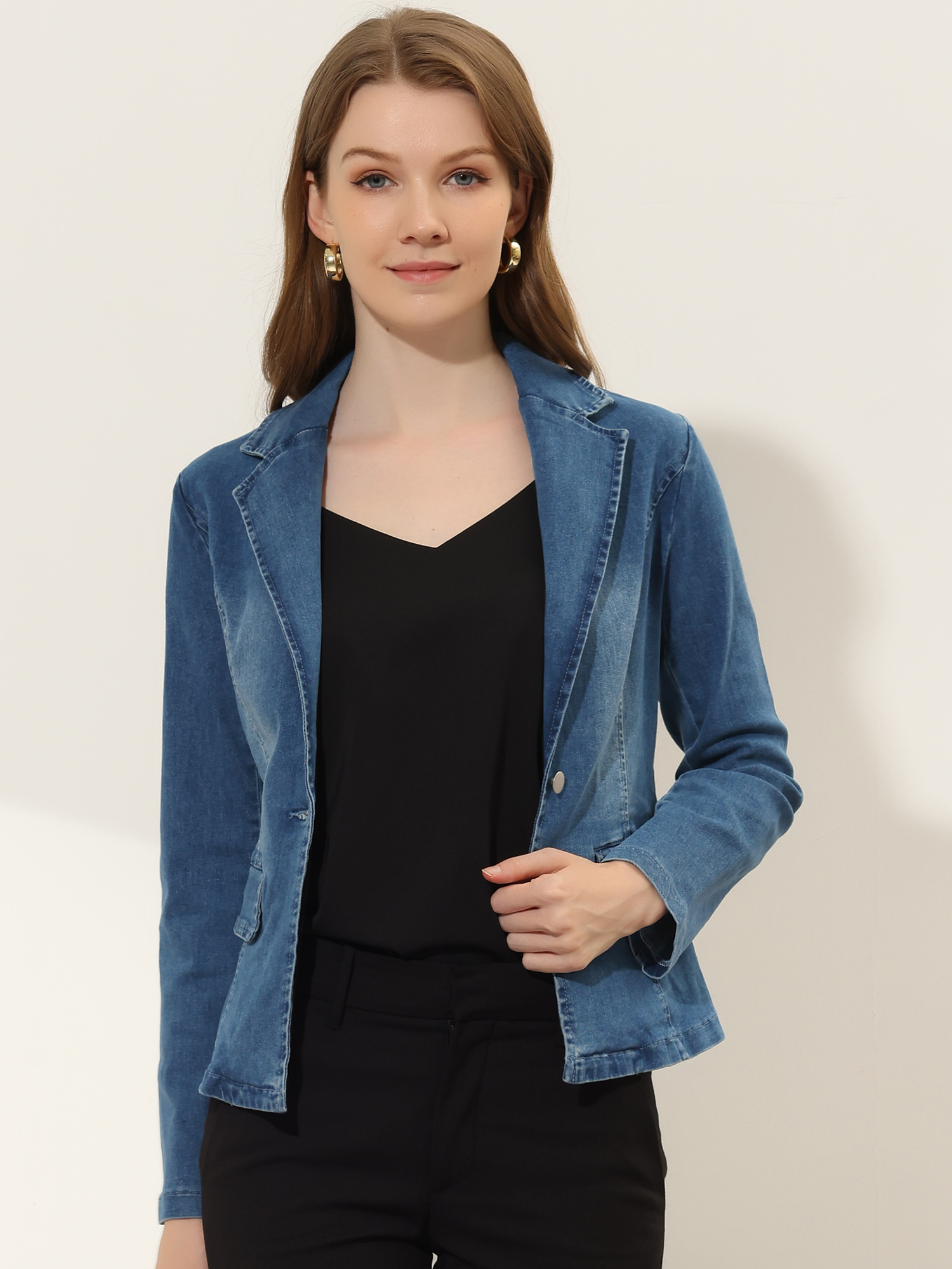 Notched Lapel One Button Long Sleeve Business Washed Denim Blazer Blues/S