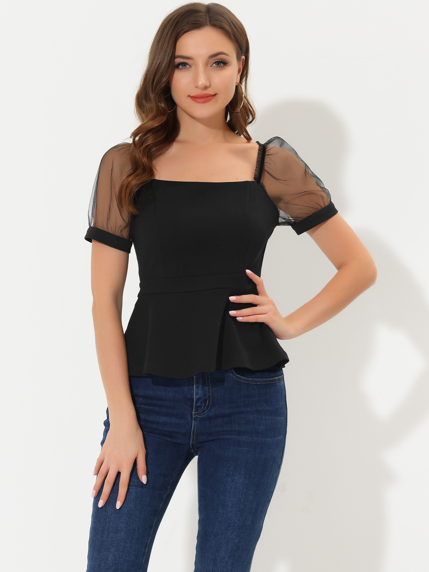 Square Neck Mesh Sheer Sleeve Peplum Tops Black/L