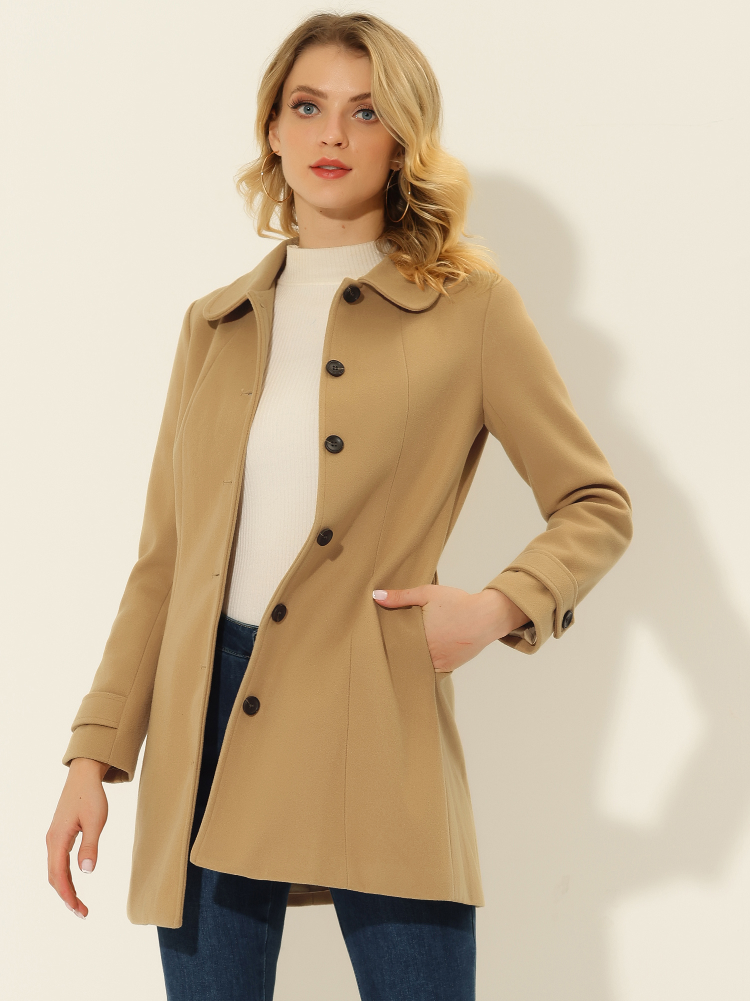 Peter Pan Collar Single Breasted Overcoat Winter Pea Coat Solid Khaki/XL