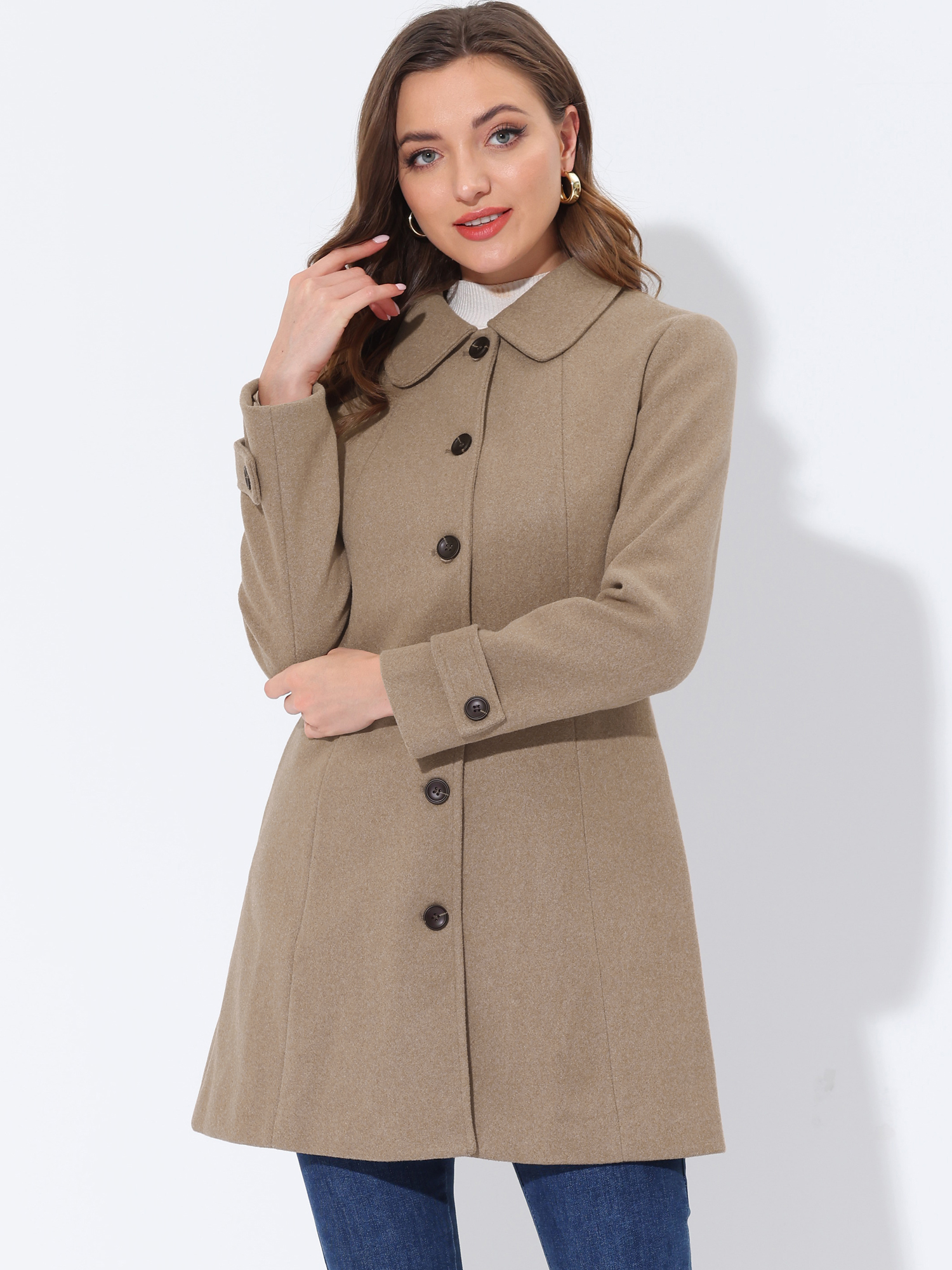 Peter Pan Collar Single Breasted Overcoat Winter Pea Coat Solid Light Brown/M