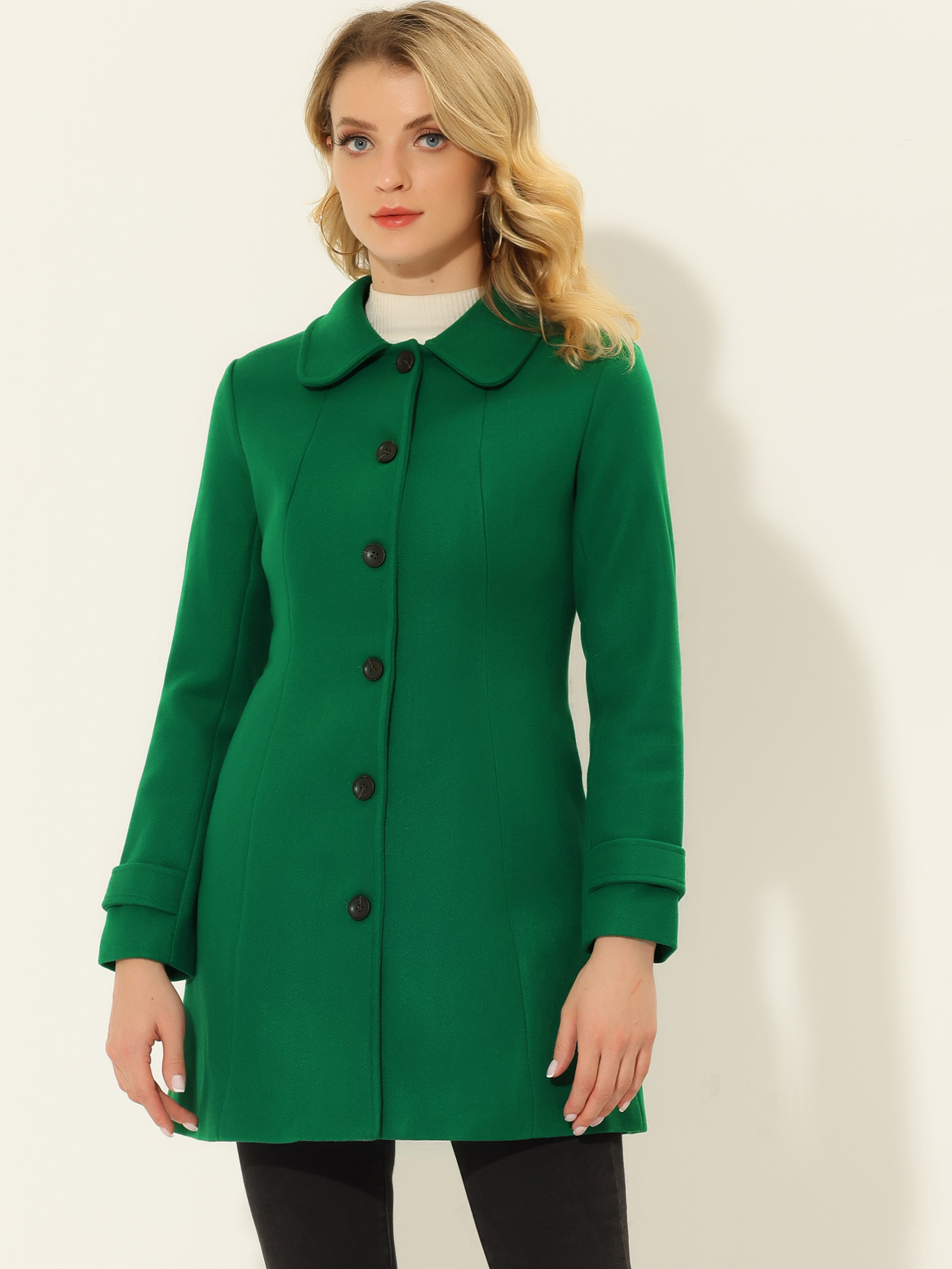 Peter Pan Collar Single Breasted Overcoat Winter Pea Coat Solid Green/S