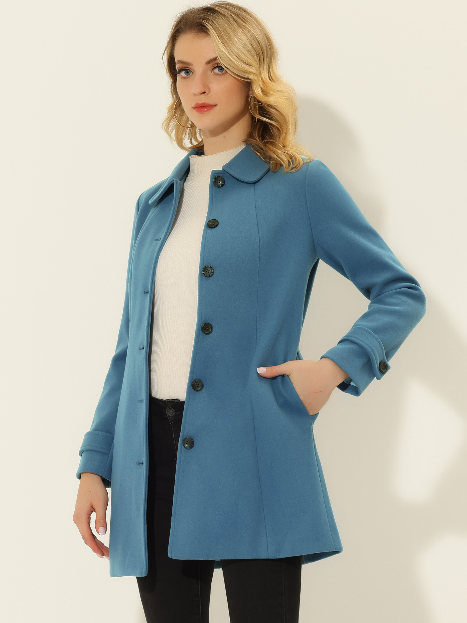 Peter Pan Collar Single Breasted Overcoat Winter Pea Coat Solid Blue/M