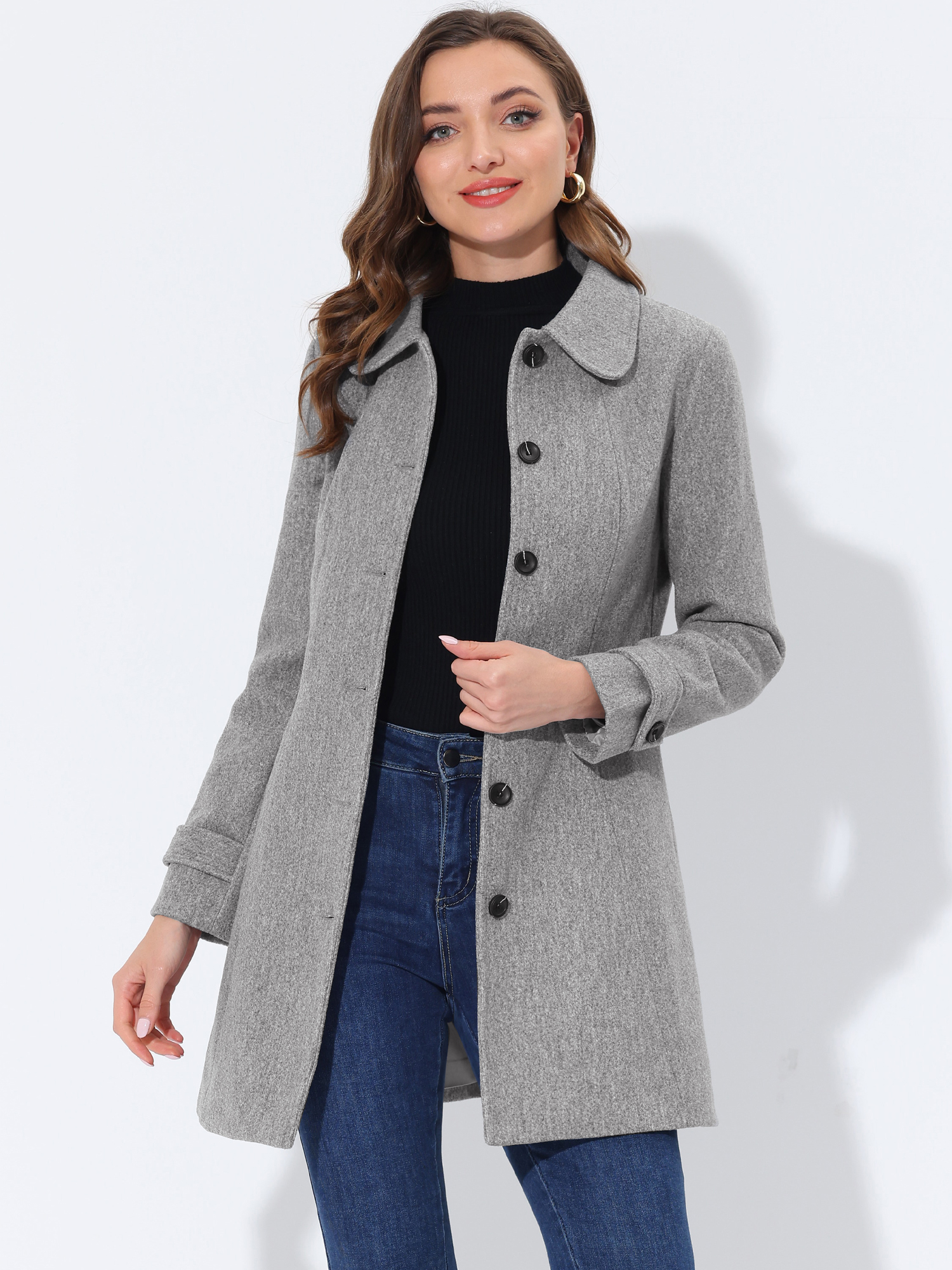 Peter Pan Collar Single Breasted Overcoat Winter Pea Coat Solid Grey/M