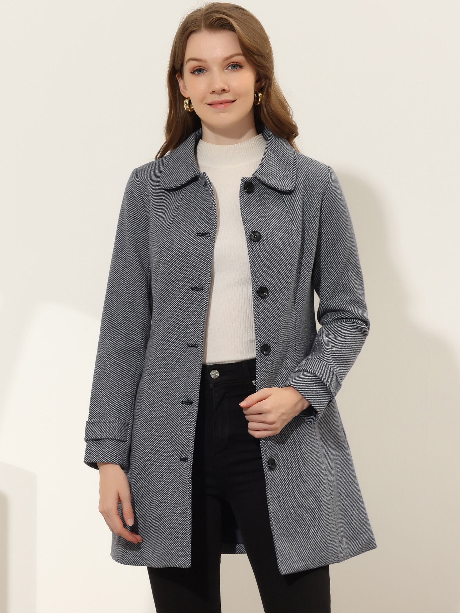 Peter Pan Collar Single Breasted Overcoat Winter Pea Coat Deep Blue/L